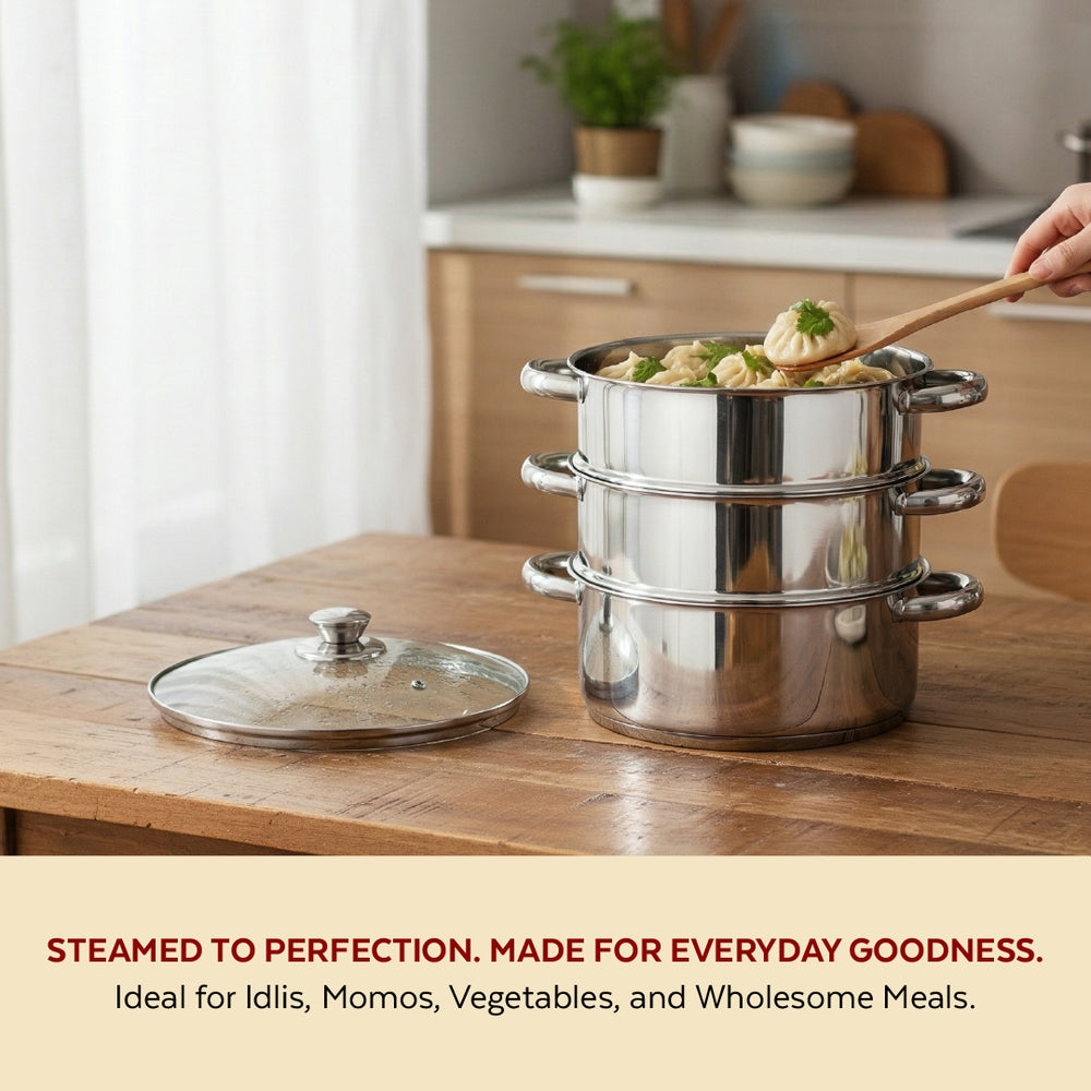 Stainless Steel 3-Tier Utena Smart Steamer for Idlis, Momos & Vegetables, Tri Ply Base, Induction & Gas Compatible, Food-Grade SS, Easy to Clean (18CM / 20CM)