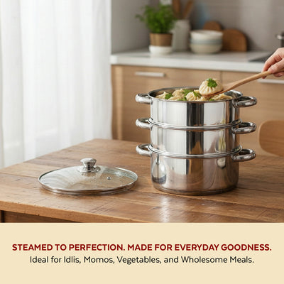 Stainless Steel 3-Tier Utena Smart Steamer for Idlis, Momos & Vegetables, Tri Ply Base, Induction & Gas Compatible, Food-Grade SS, Easy to Clean (18CM / 20CM)