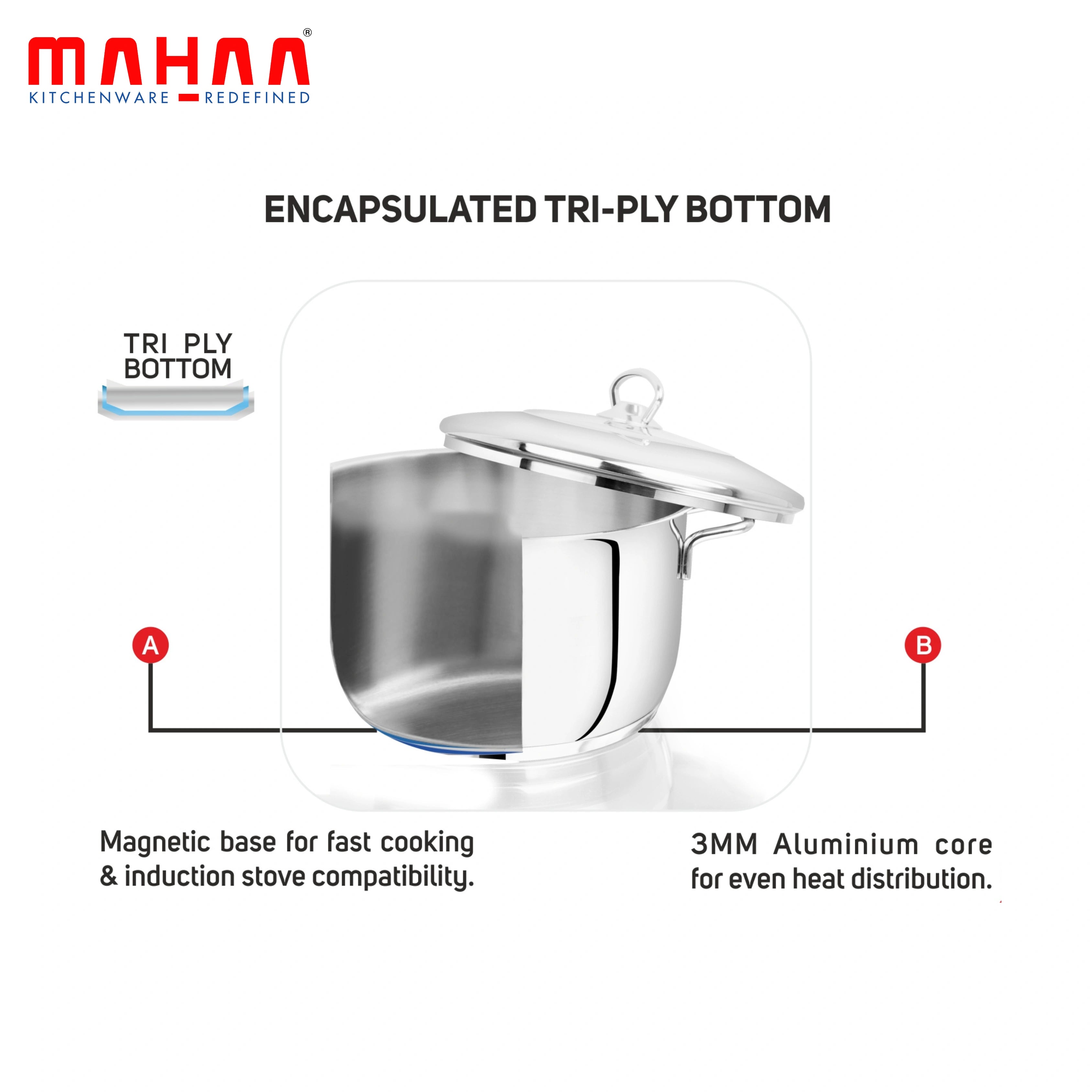 MAHAA Avanti Stainless Steel Cooking / Biryani Pot – Premium Quality with Snug-Fit Lid | Tri Ply Base | Non-stick | Gas & Induction Compatible | Cool-Touch Handle | 1.2L to 11.6L | Free ₹300 SS Water Bottle