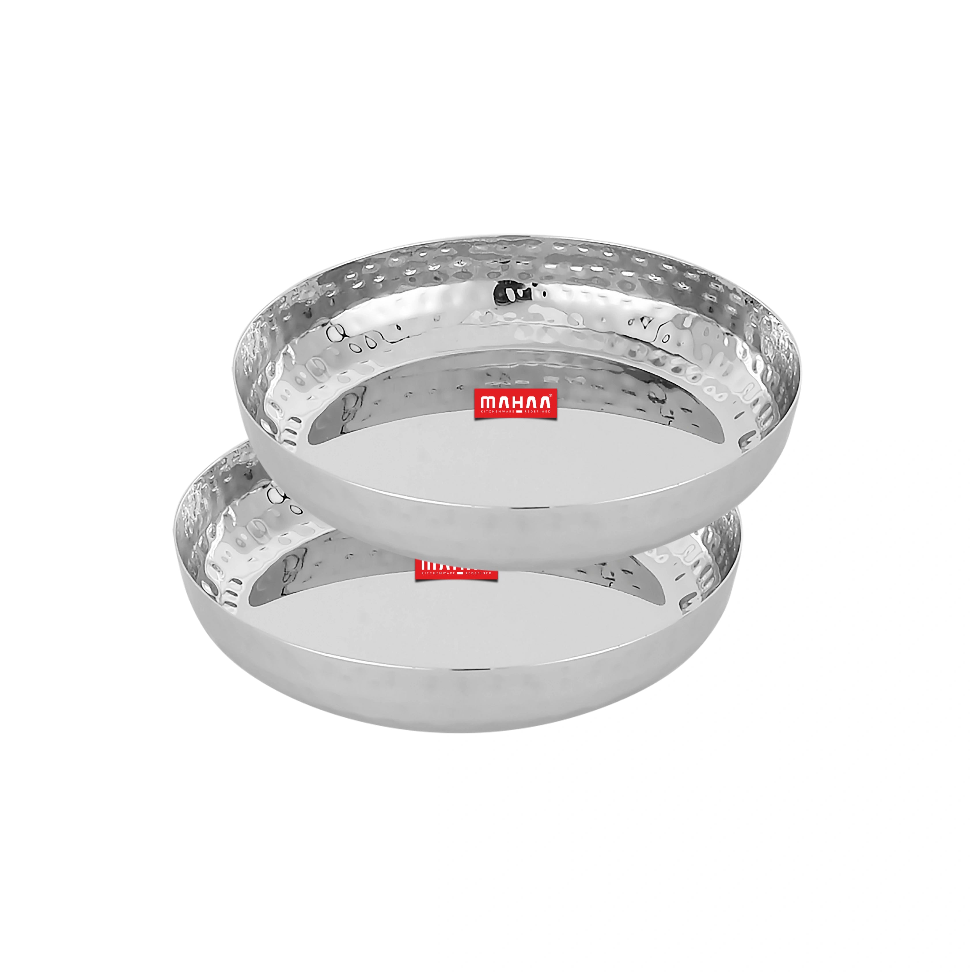 MAHAA Stainless Steel Halwa Plate – 2 Pcs Set | High Quality | Hammered Finish | Rust-Free & Dishwasher Safe | Perfect for Serving Indian Desserts