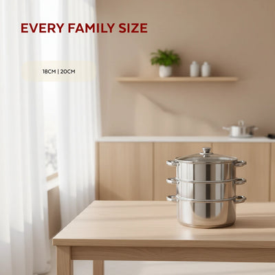 Stainless Steel 3-Tier Utena Smart Steamer for Idlis, Momos & Vegetables, Tri Ply Base, Induction & Gas Compatible, Food-Grade SS, Easy to Clean (18CM / 20CM)