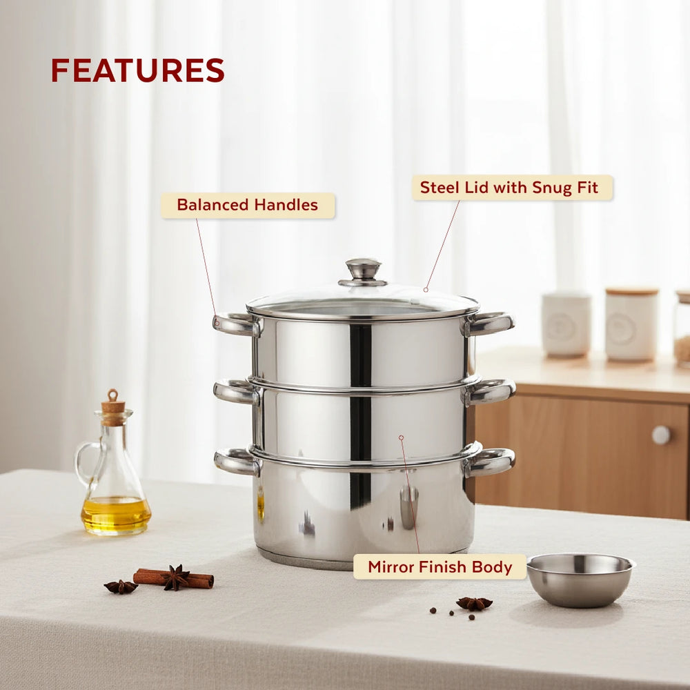 Stainless Steel 3-Tier Utena Smart Steamer for Idlis, Momos & Vegetables, Tri Ply Base, Induction & Gas Compatible, Food-Grade SS, Easy to Clean (18CM / 20CM)