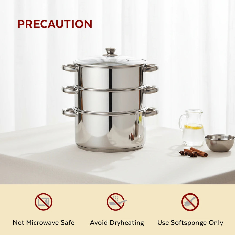 Stainless Steel 3-Tier Utena Smart Steamer for Idlis, Momos & Vegetables, Tri Ply Base, Induction & Gas Compatible, Food-Grade SS, Easy to Clean (18CM / 20CM)