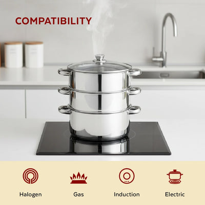 Stainless Steel 3-Tier Utena Smart Steamer for Idlis, Momos & Vegetables, Tri Ply Base, Induction & Gas Compatible, Food-Grade SS, Easy to Clean (18CM / 20CM)