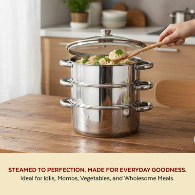 Stainless Steel 3-Tier Utena Smart Steamer for Idlis, Momos & Vegetables, Tri Ply Base, Induction & Gas Compatible, Food-Grade SS, Easy to Clean (18CM / 20CM)