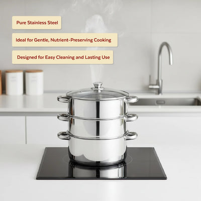 Stainless Steel 3-Tier Utena Smart Steamer for Idlis, Momos & Vegetables, Tri Ply Base, Induction & Gas Compatible, Food-Grade SS, Easy to Clean (18CM / 20CM)