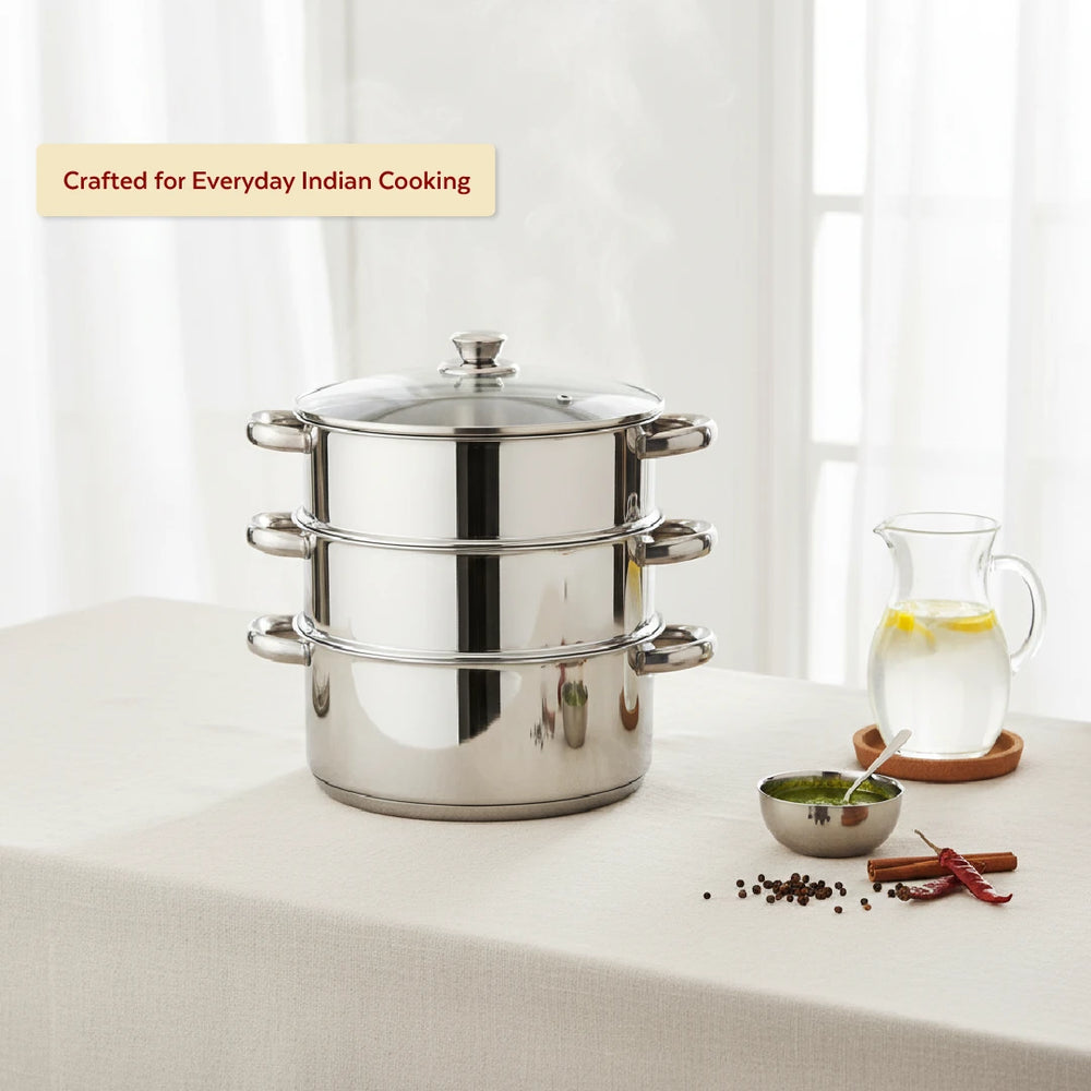 Stainless Steel 3-Tier Utena Smart Steamer for Idlis, Momos & Vegetables, Tri Ply Base, Induction & Gas Compatible, Food-Grade SS, Easy to Clean (18CM / 20CM)