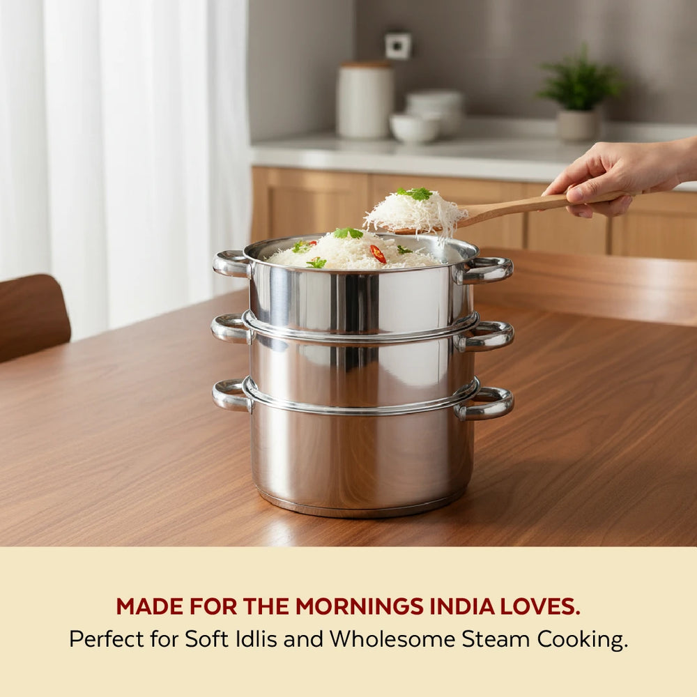 Stainless Steel 3-Tier Utena Smart Steamer for Idlis, Momos & Vegetables, Tri Ply Base, Induction & Gas Compatible, Food-Grade SS, Easy to Clean (18CM / 20CM)
