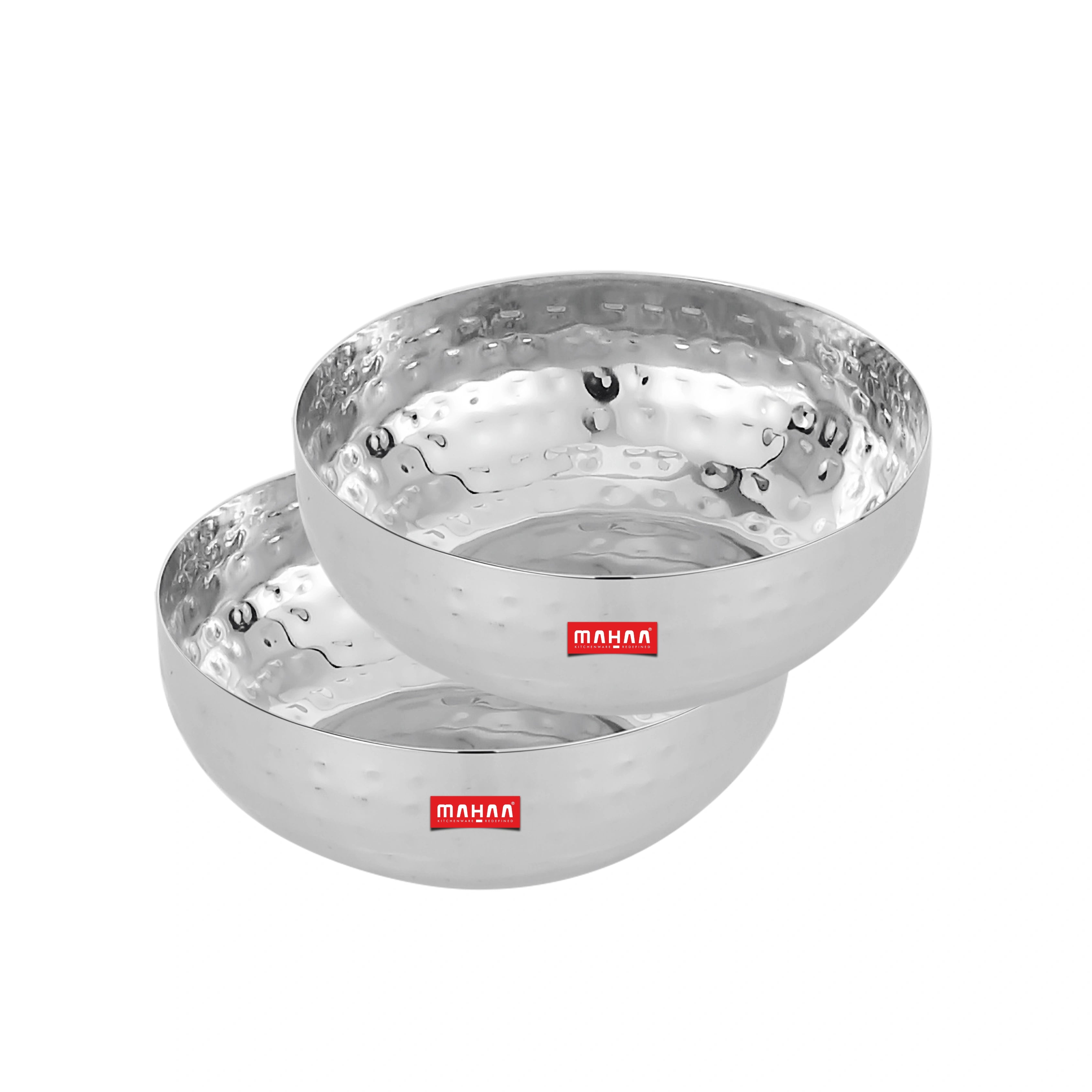MAHAA Stainless Steel Deep Bowl – 2 Pcs Set | High Quality | Hammered Finish | Handcrafted Look | Rust-Free & Dishwasher Safe