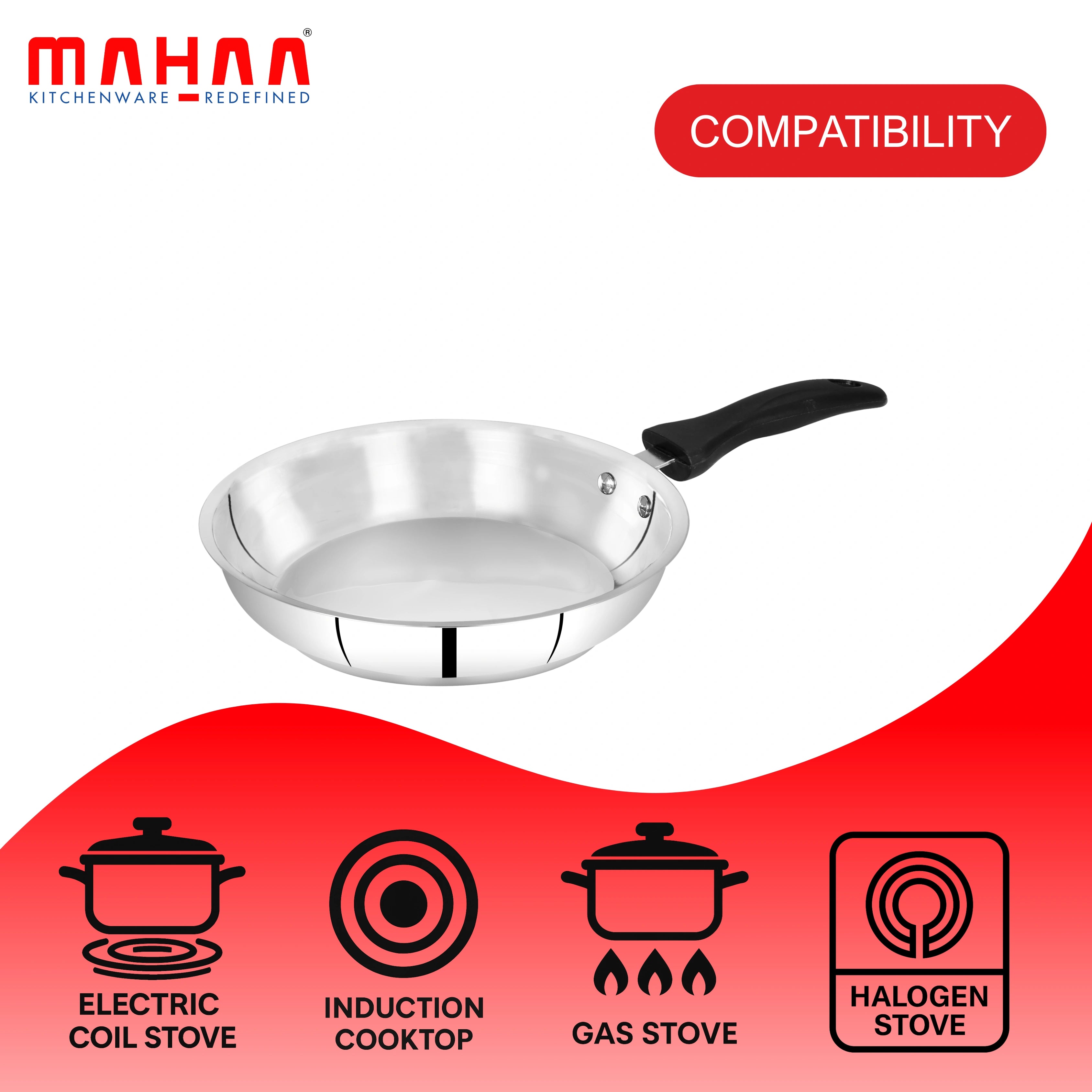 MAHAA Zen Stainless Steel Fry Pan + Lid 22 cm - Cook & Saute Curries, Dal, Pasta | Tri Ply Base | Non-stick | Gas & Induction Compatible | StayCool+ Handle and Knob| Easy Clean
