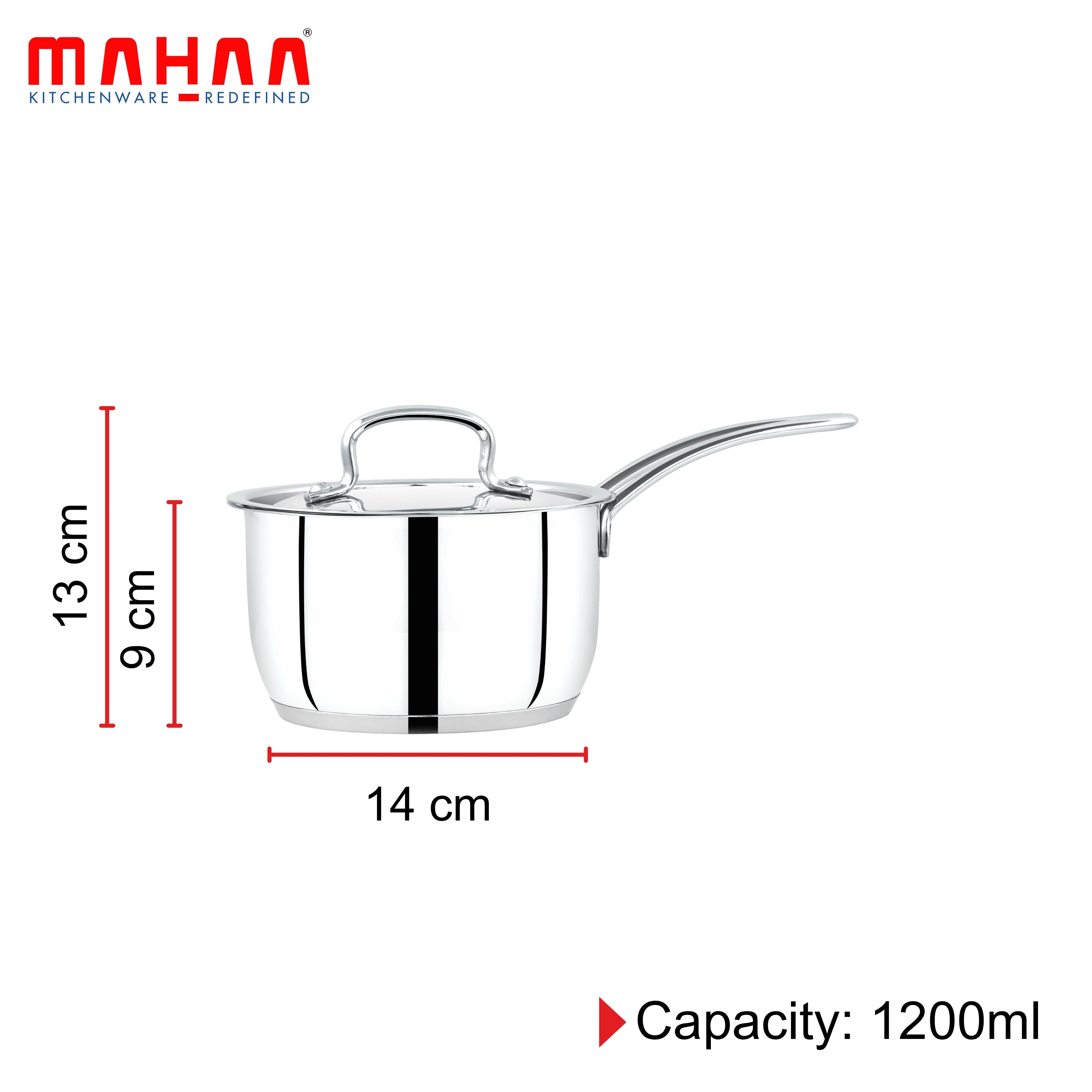 MAHAA Avanti Stainless Steel Sauce Pan – Premium Quality with Snug-Fit Lid | Tri Ply Base | Non-stick | Gas & Induction Compatible | Cool-Touch Handle | 1.2L to 3.6L | Free ₹300 SS Water Bottle