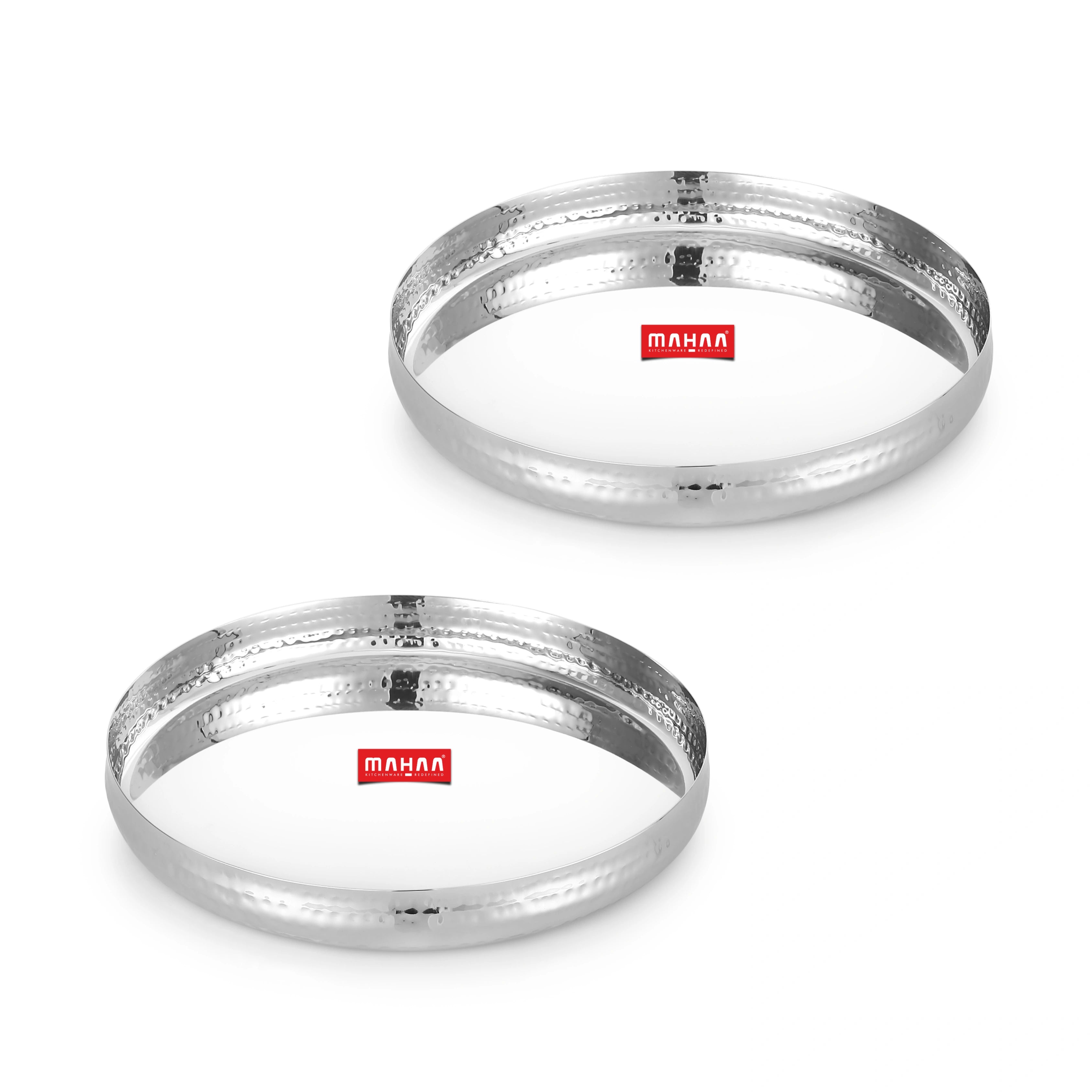 MAHAA Stainless Steel Bulging Thali – 2 Pcs Set | High Quality | Hammered Finish | Durable & Rust-Free | Ideal for Daily & Festive Use | 25cm, 28cm, 30.5cm, 33cm