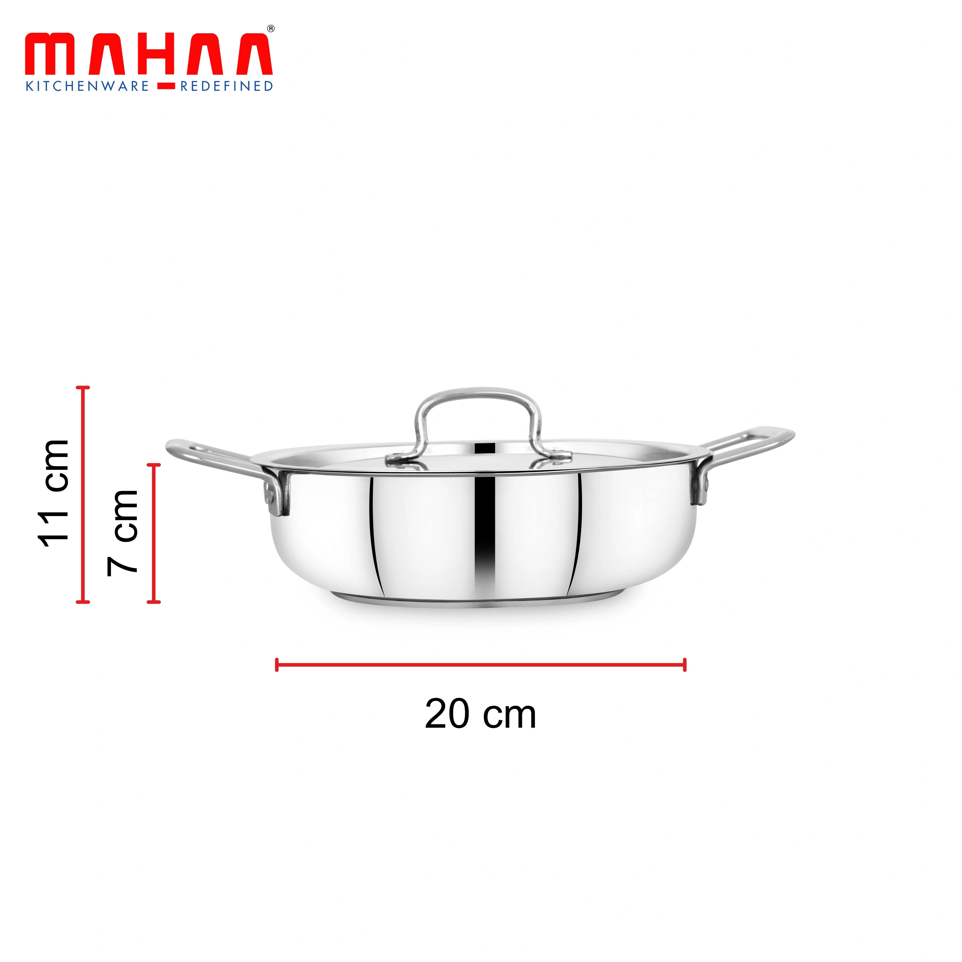 MAHAA Avanti Stainless Steel Kadai – Premium Quality with Snug-Fit Lid | Tri Ply Base | Non-stick | Gas & Induction Compatible | Cool-Touch Handle | 1.2L to 4.7L | Free ₹300 SS Water Bottle