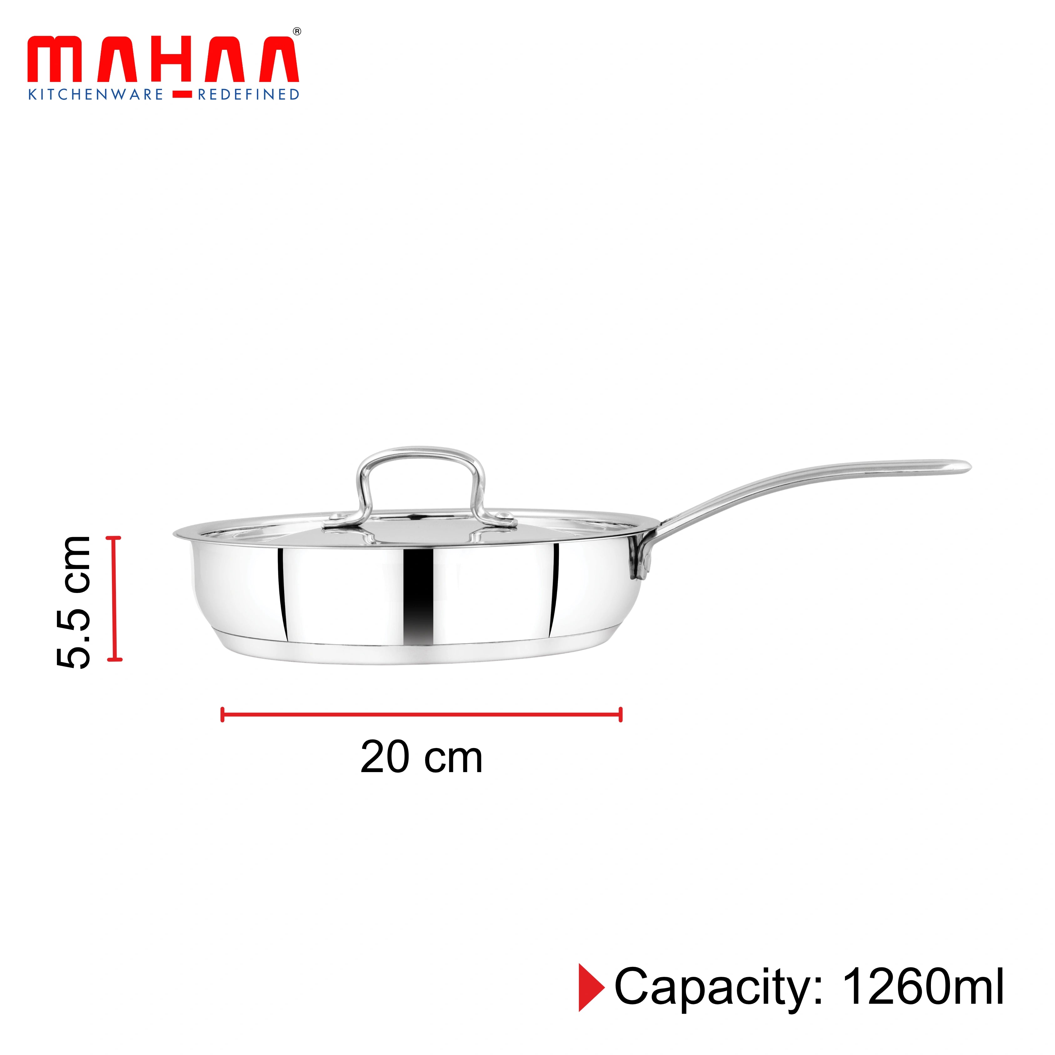 MAHAA Avanti Stainless Steel Fry Pan – Premium Quality with Snug-Fit Lid | Tri Ply Base | Non-stick | Gas & Induction Compatible | Cool-Touch Handle | 1.2L to 2L | Free ₹300 SS Water Bottle