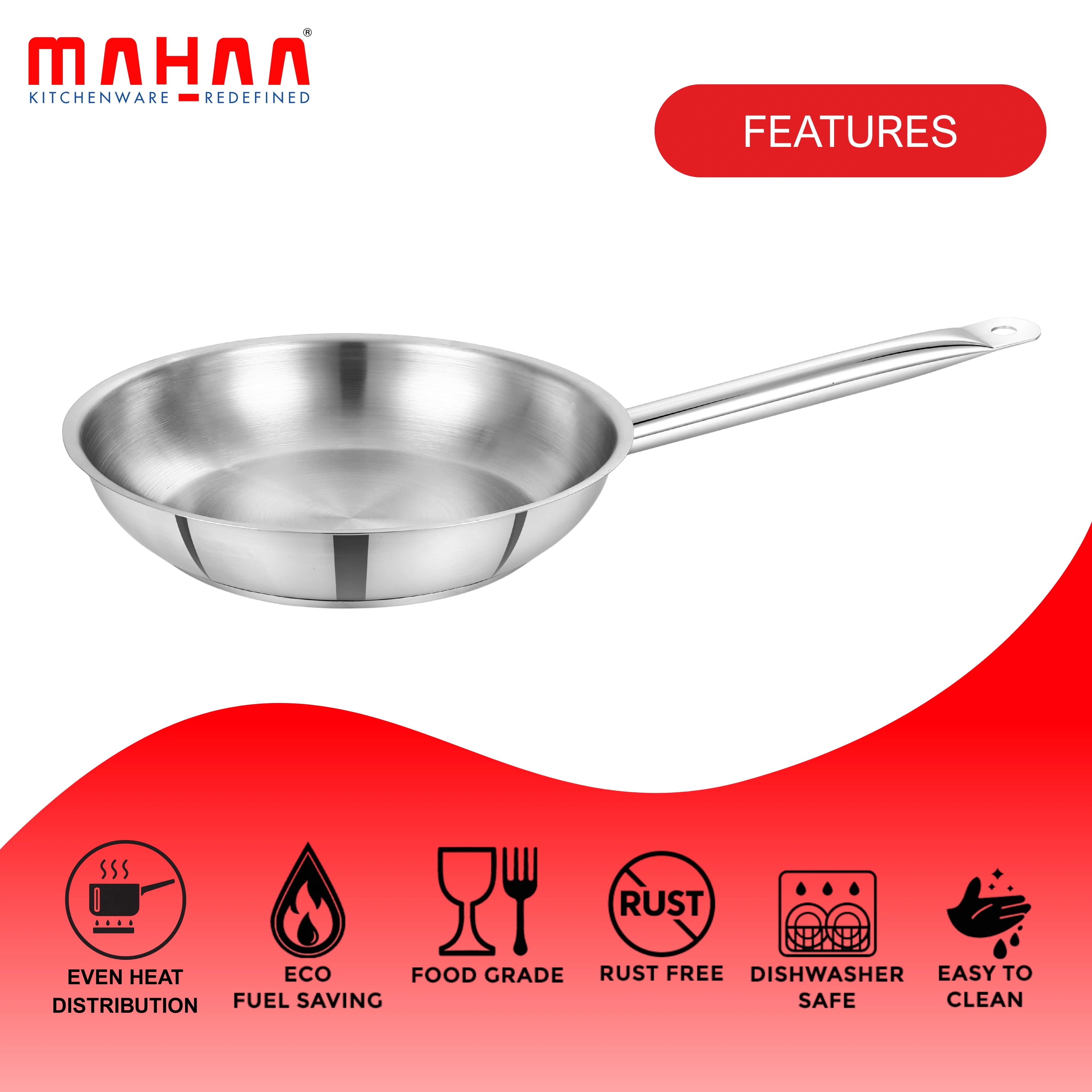 MAHAA Stainless Steel Professional Fry Pan – Scratch-Resistant Body | Heavy-Duty Stainless Steel | Tri Ply Base | Gas &  Induction Compatible | Cool-Touch Handle | 20/24/26/28/30/32 cm