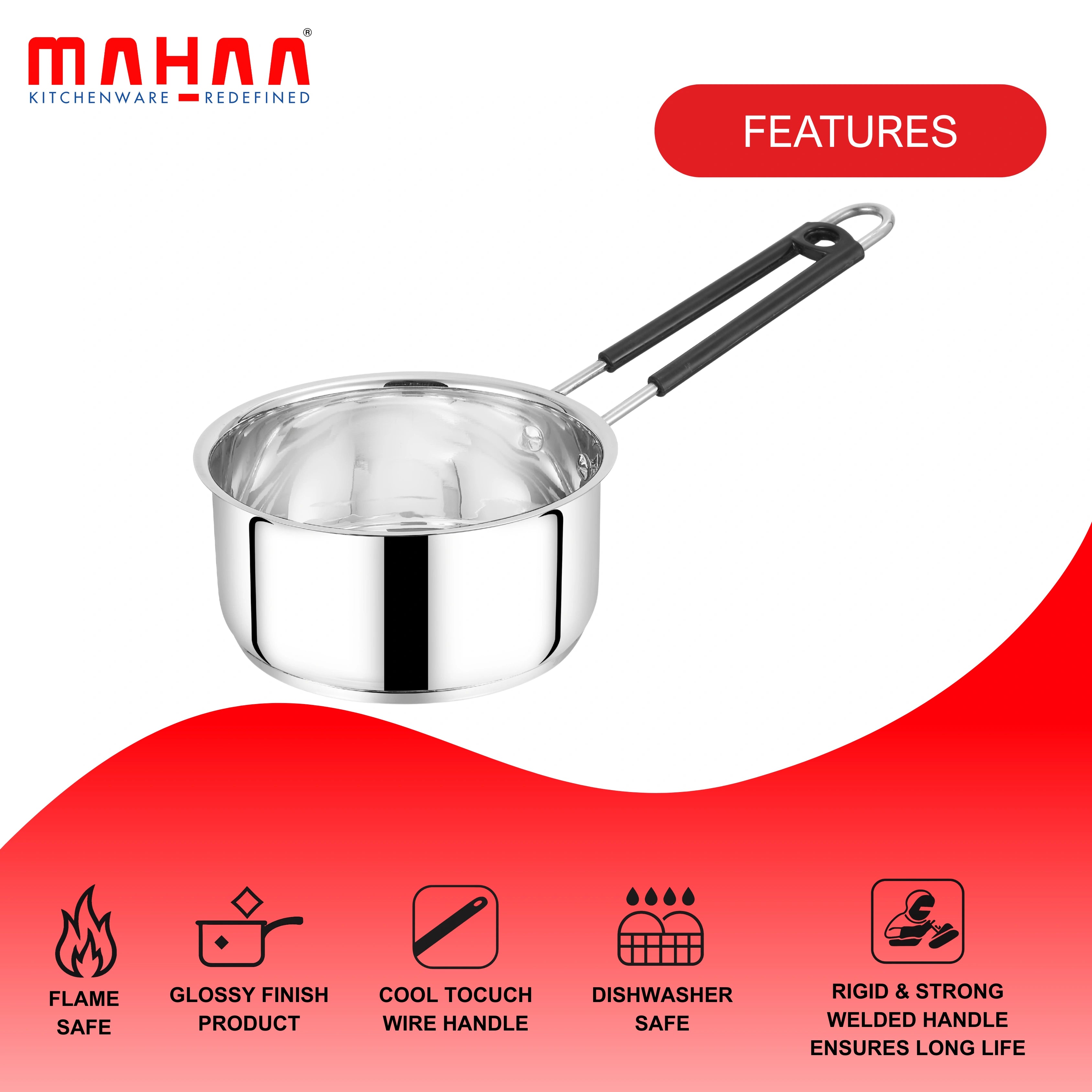 MAHAA Utena Stainless Steel Sauce Pan – Tea, Milk, Soup, Maggie Pan | Tri Ply Base | Non-stick | Gas & Induction Compatible | StayCool+ Handle | 14cm / 16cm / 18cm / 20cm