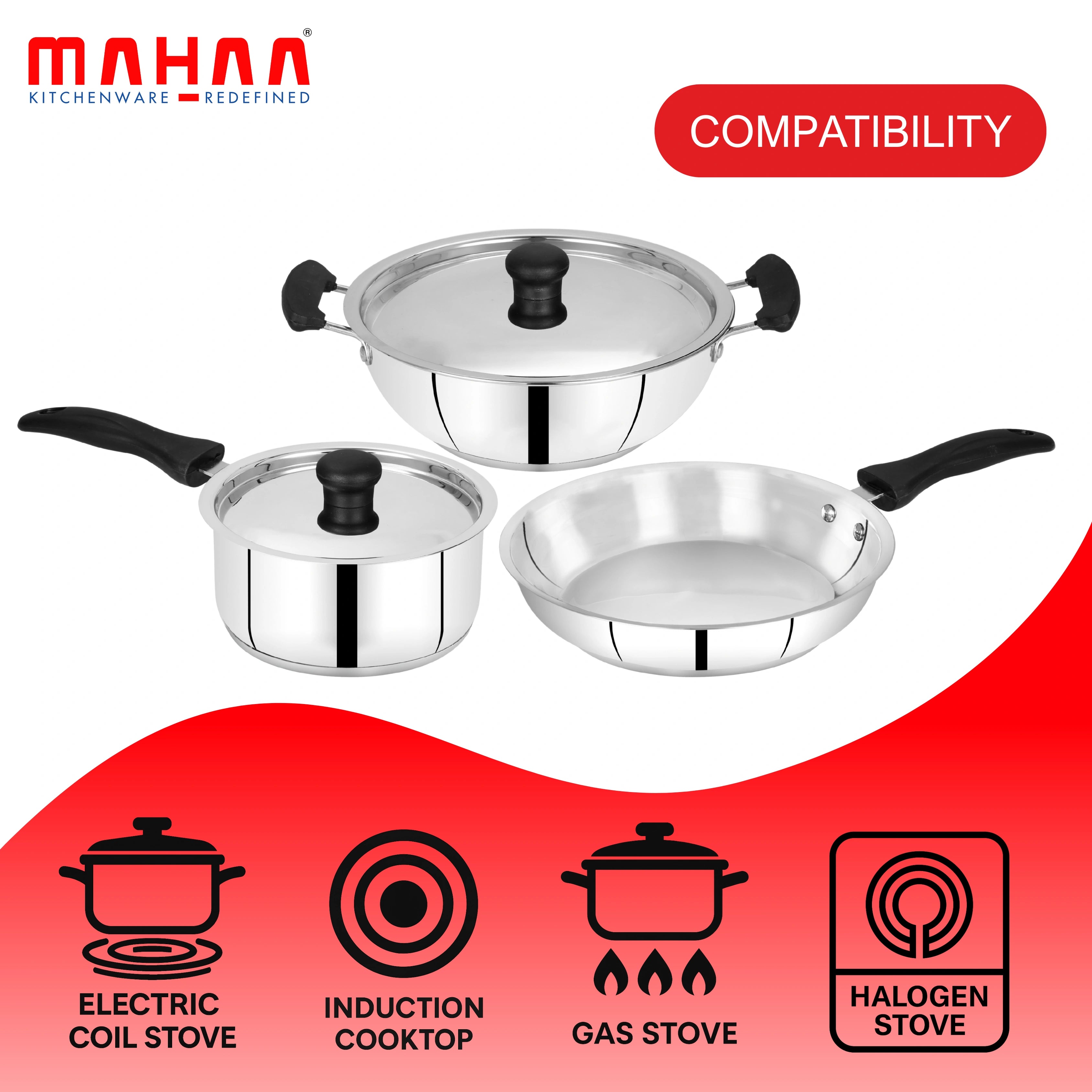 MAHAA Zen Stainless Steel Cookware Combo 5 Pc Set: Kadai  + Lid, Tea/Milk Pan + Lid, Fry Pan | Tri Ply Base | Non-stick | Gas & Induction Compatible | StayCool+ Handle and Knob| Gift Set