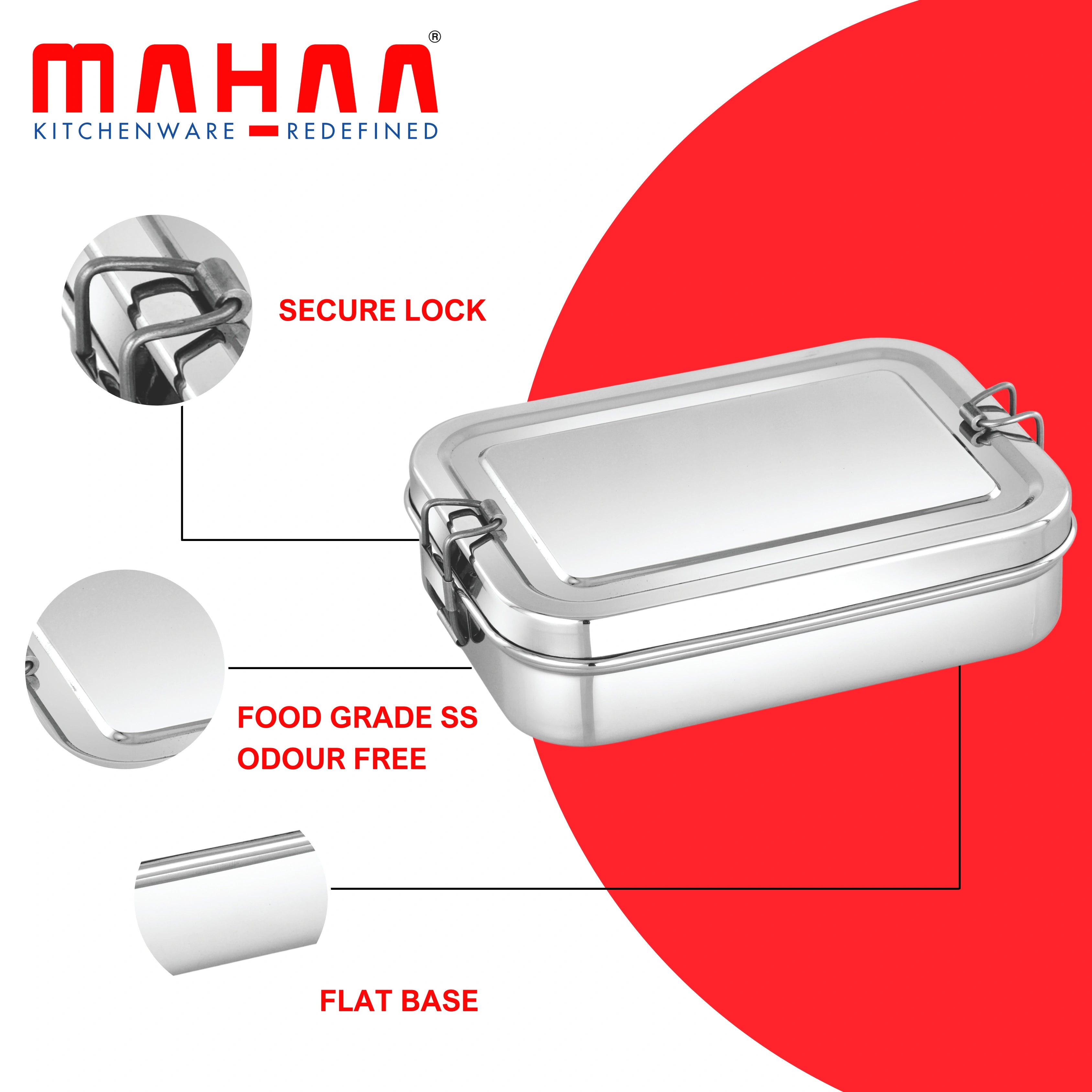 MAHAA Stainless Steel Lexa Lunch Box – Rectangular Design with Large Inner Container | Durable, Leak-Resistant, Ideal for Office & School Meals
