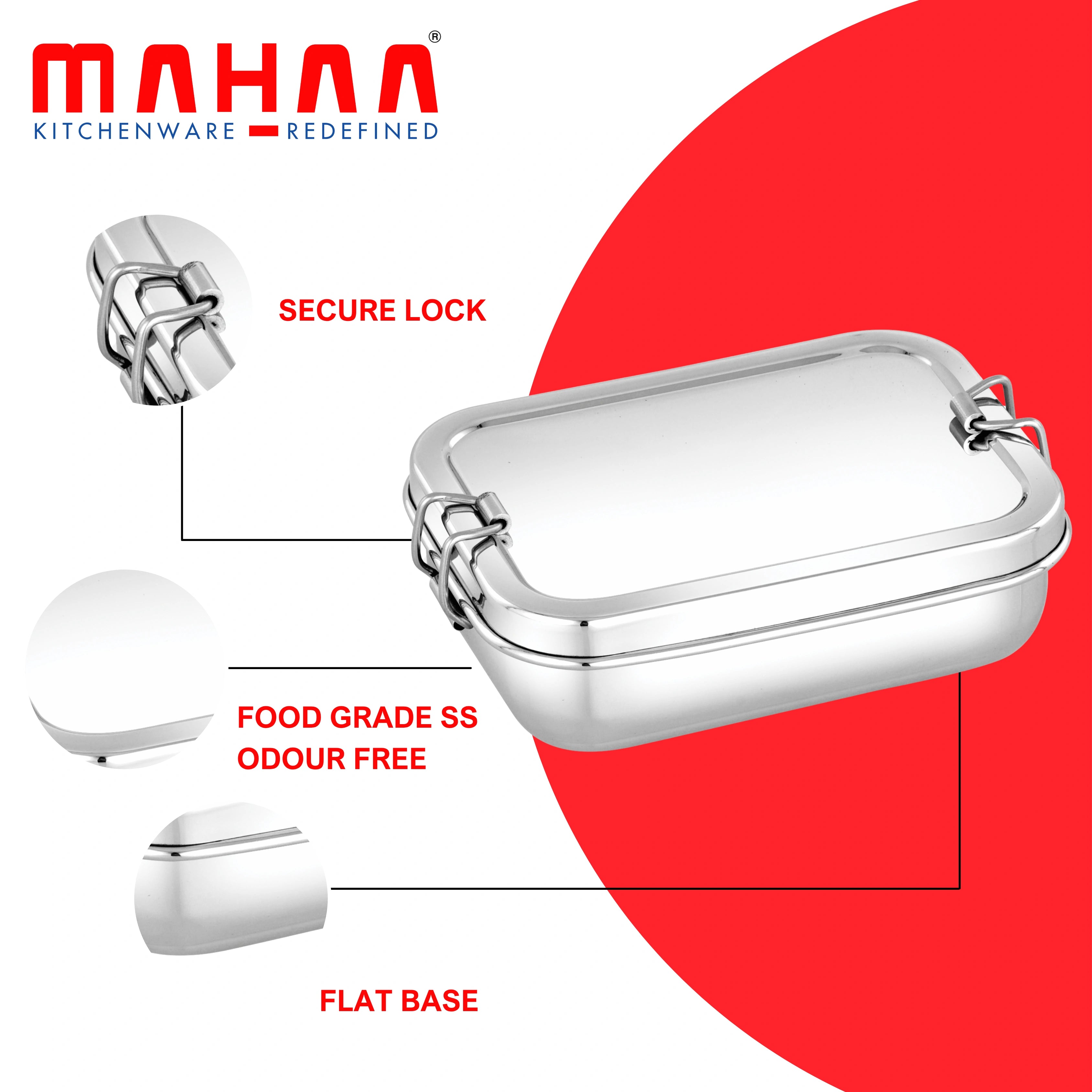 MAHAA Stainless Steel Linea Lunch Box – Rectangular Box with Divider Plate | Compact, Durable & Ideal for Office or School Use