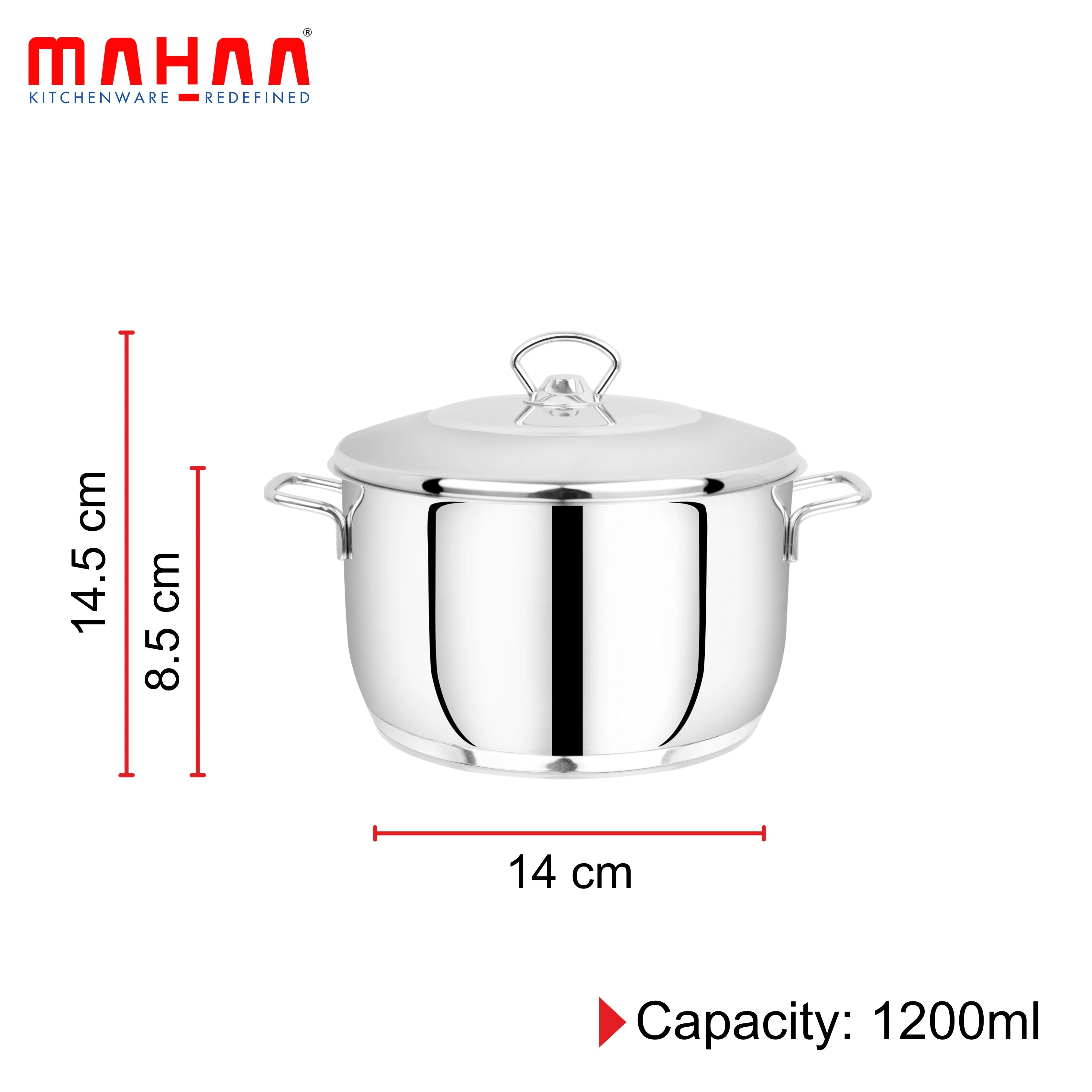 MAHAA Avanti Stainless Steel Cooking / Biryani Pot – Premium Quality with Snug-Fit Lid | Tri Ply Base | Non-stick | Gas & Induction Compatible | Cool-Touch Handle | 1.2L to 11.6L | Free ₹300 SS Water Bottle