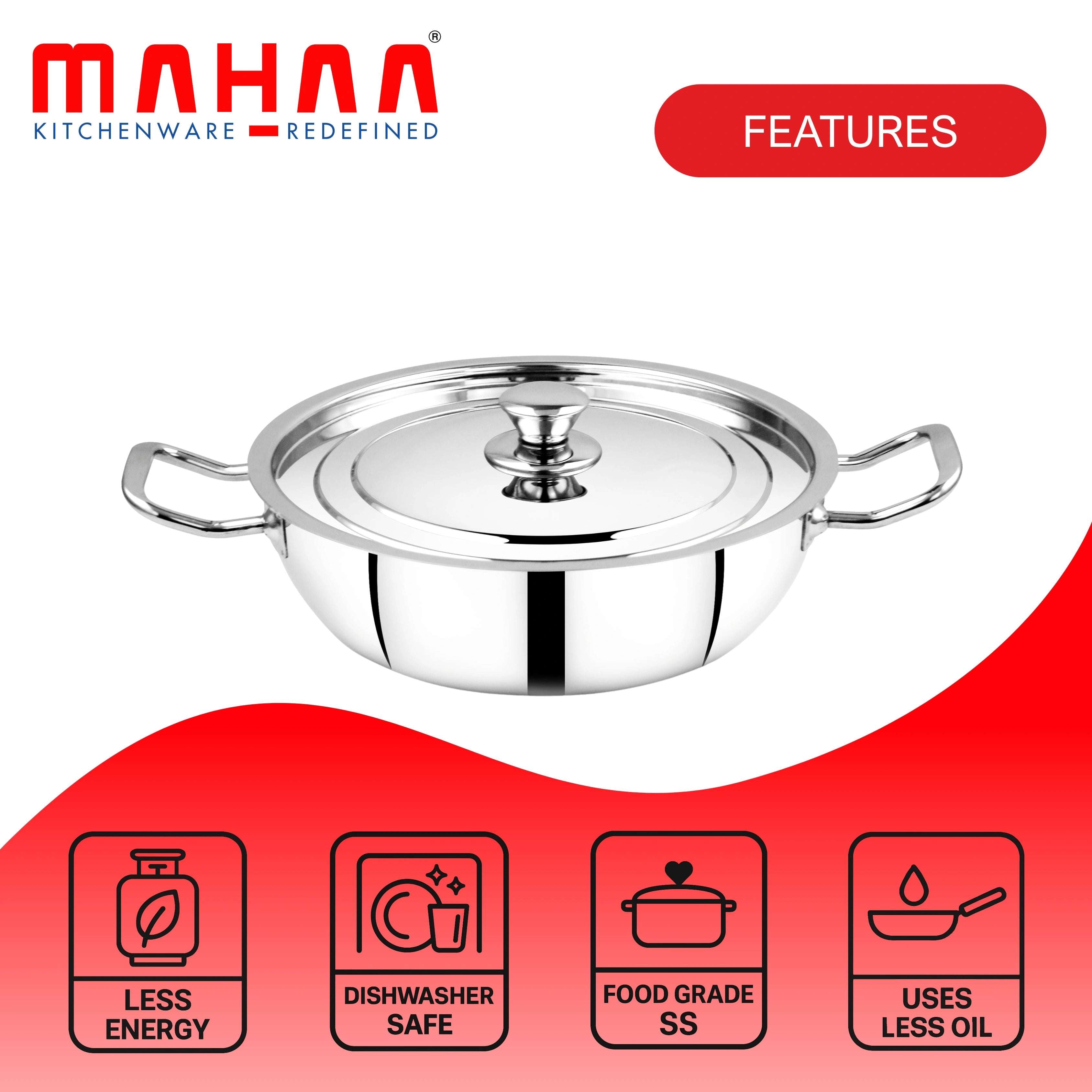 Classic Stainless Steel Kadai with Lid – Deep Frying Pan for Daily Cooking | Gas Stove Compatible | With Cool-Touch Handle | 22CM / 24CM