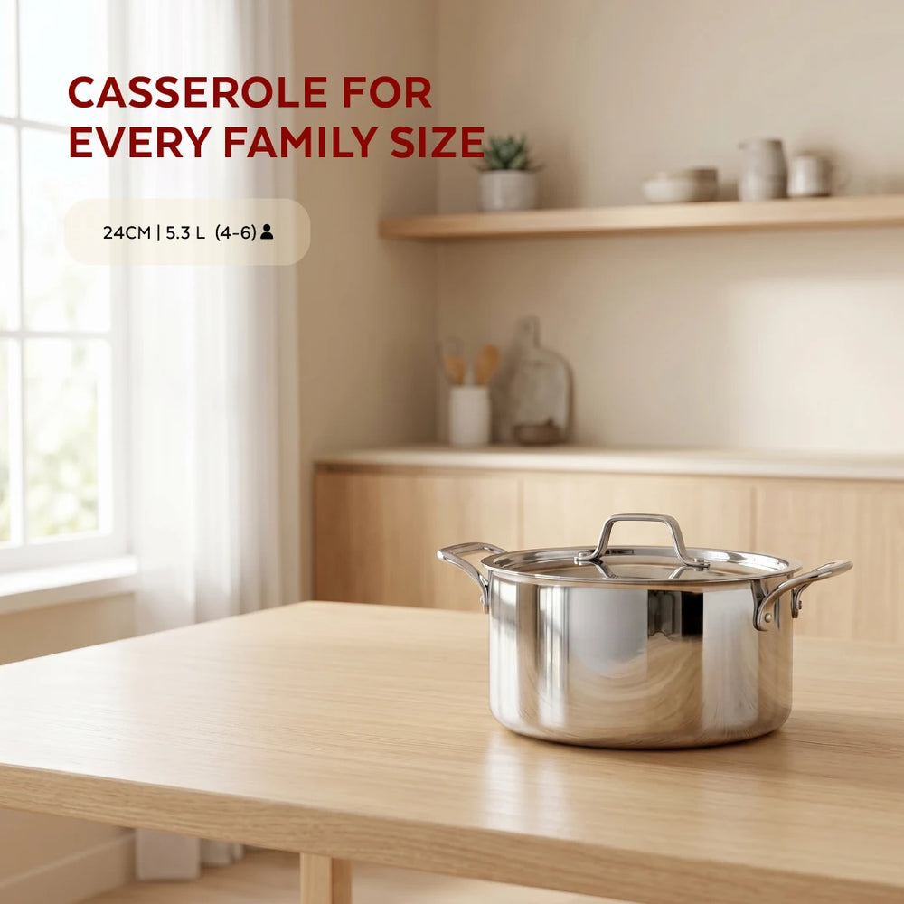 Tri-ply Stainless Steel Casserole + Lid, Cook Curries, Dal, Rice | Easy Clean, Tri Ply body, Non-stick, Gas & Induction Compatible, Comfortable handle 24CM (5.3 Litre)