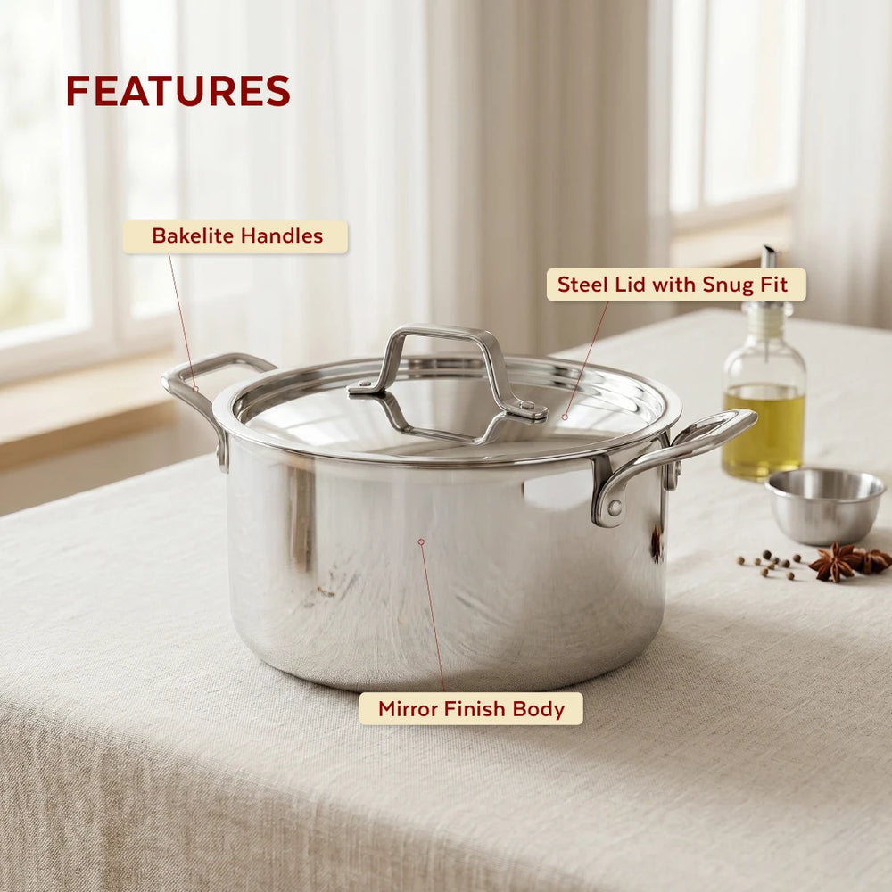 Tri-ply Stainless Steel Casserole + Lid, Cook Curries, Dal, Rice | Easy Clean, Tri Ply body, Non-stick, Gas & Induction Compatible, Comfortable handle 24CM (5.3 Litre)