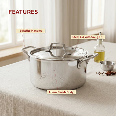 Tri-ply Stainless Steel Casserole + Lid, Cook Curries, Dal, Rice | Easy Clean, Tri Ply body, Non-stick, Gas & Induction Compatible, Comfortable handle 24CM (5.3 Litre)