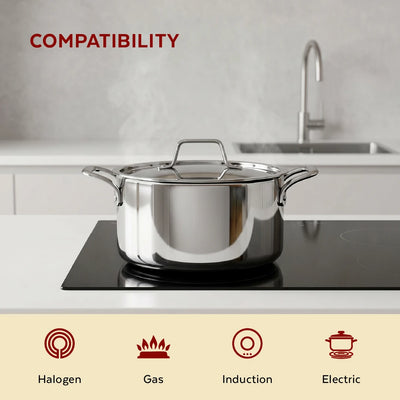 Tri-ply Stainless Steel Casserole + Lid, Cook Curries, Dal, Rice | Easy Clean, Tri Ply body, Non-stick, Gas & Induction Compatible, Comfortable handle 24CM (5.3 Litre)