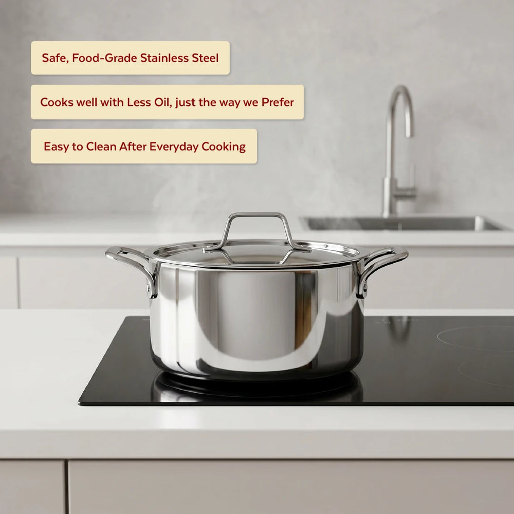 Tri-ply Stainless Steel Casserole + Lid, Cook Curries, Dal, Rice | Easy Clean, Tri Ply body, Non-stick, Gas & Induction Compatible, Comfortable handle 24CM (5.3 Litre)