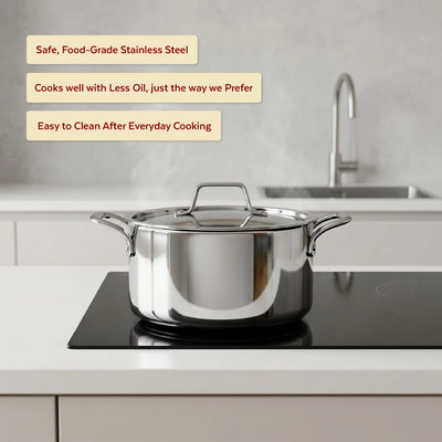 Tri-ply Stainless Steel Casserole + Lid, Cook Curries, Dal, Rice | Easy Clean, Tri Ply body, Non-stick, Gas & Induction Compatible, Comfortable handle 24CM (5.3 Litre)