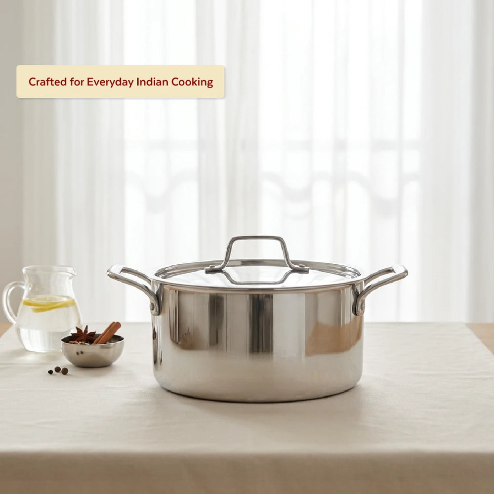 Tri-ply Stainless Steel Casserole + Lid, Cook Curries, Dal, Rice | Easy Clean, Tri Ply body, Non-stick, Gas & Induction Compatible, Comfortable handle 24CM (5.3 Litre)