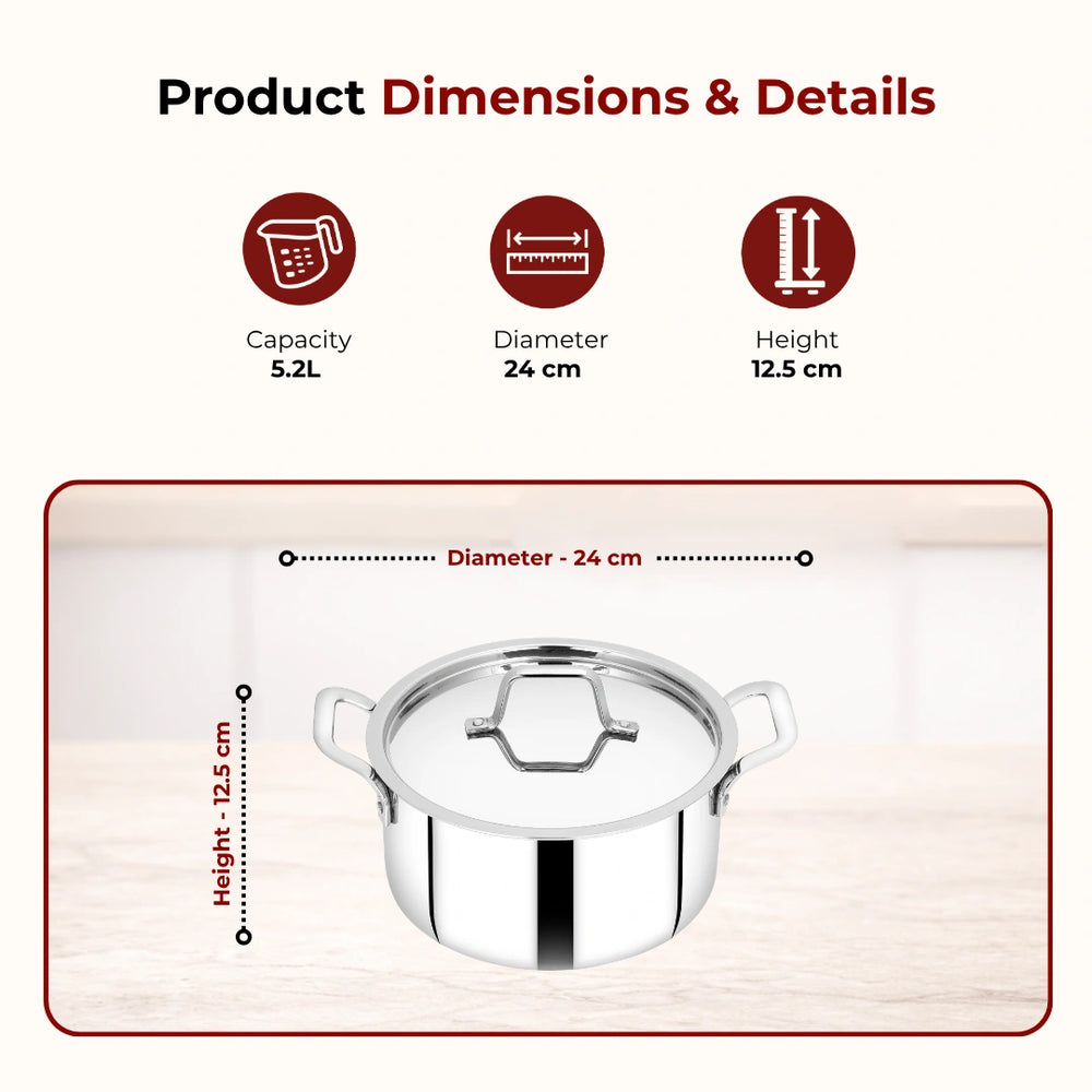 Tri-ply Stainless Steel Casserole + Lid, Cook Curries, Dal, Rice | Easy Clean, Tri Ply body, Non-stick, Gas & Induction Compatible, Comfortable handle 24CM (5.3 Litre)