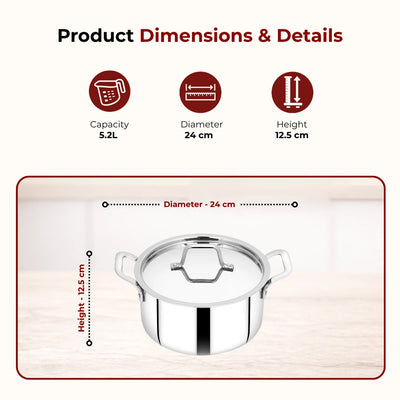 Tri-ply Stainless Steel Casserole + Lid, Cook Curries, Dal, Rice | Easy Clean, Tri Ply body, Non-stick, Gas & Induction Compatible, Comfortable handle 24CM (5.3 Litre)