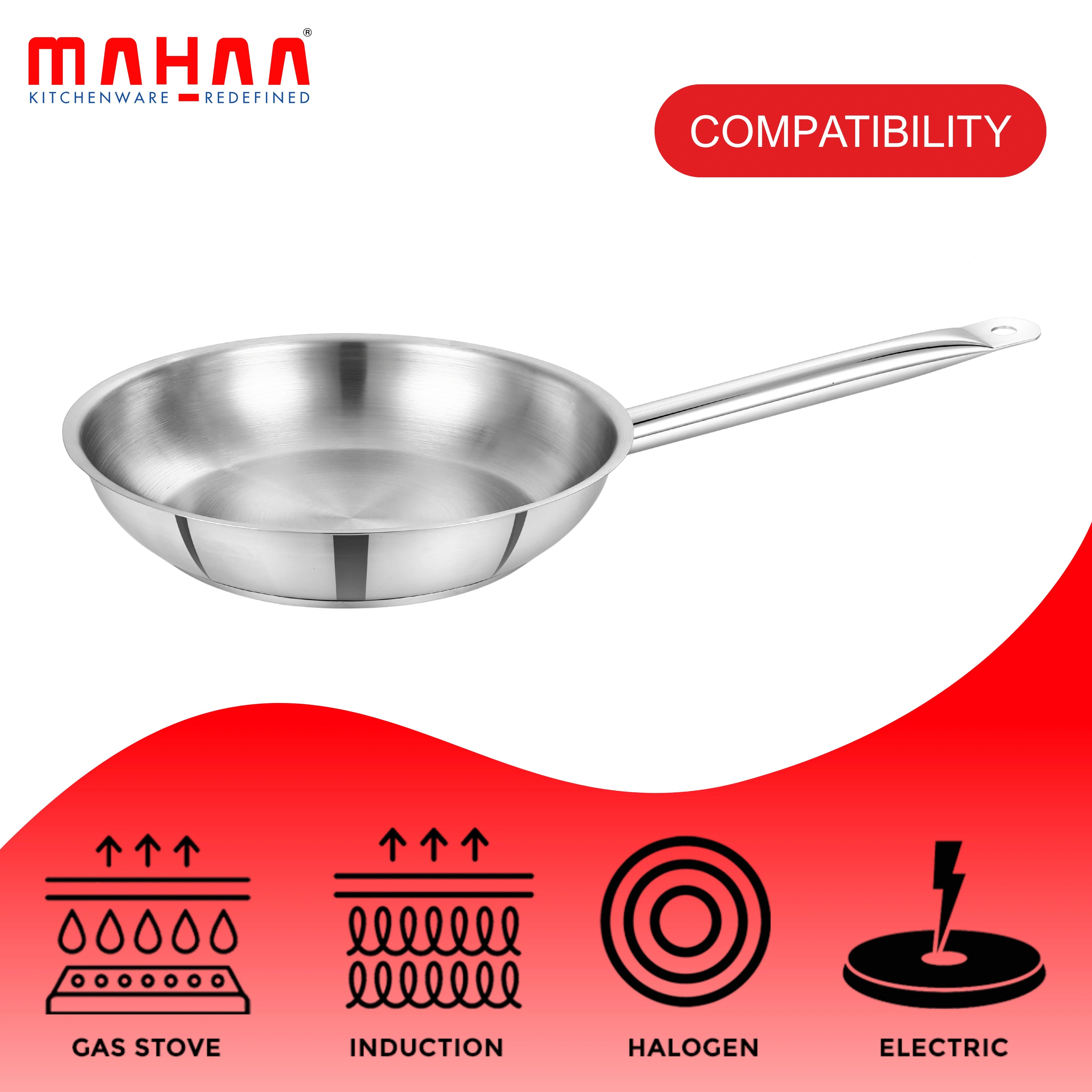 MAHAA Stainless Steel Professional Fry Pan – Scratch-Resistant Body | Heavy-Duty Stainless Steel | Tri Ply Base | Gas &  Induction Compatible | Cool-Touch Handle | 20/24/26/28/30/32 cm