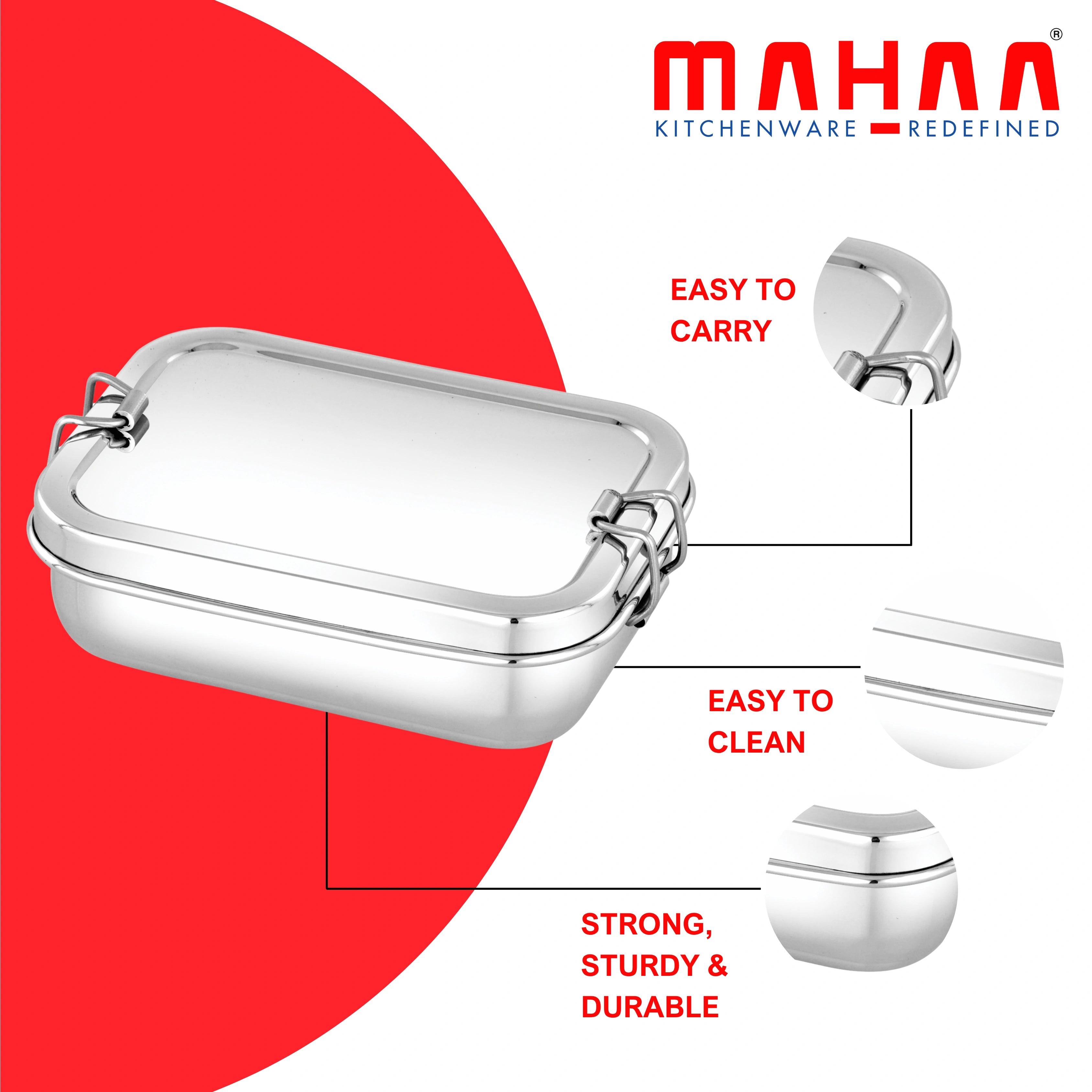 MAHAA Stainless Steel Linea Lunch Box – Rectangular Box with Divider Plate | Compact, Durable & Ideal for Office or School Use