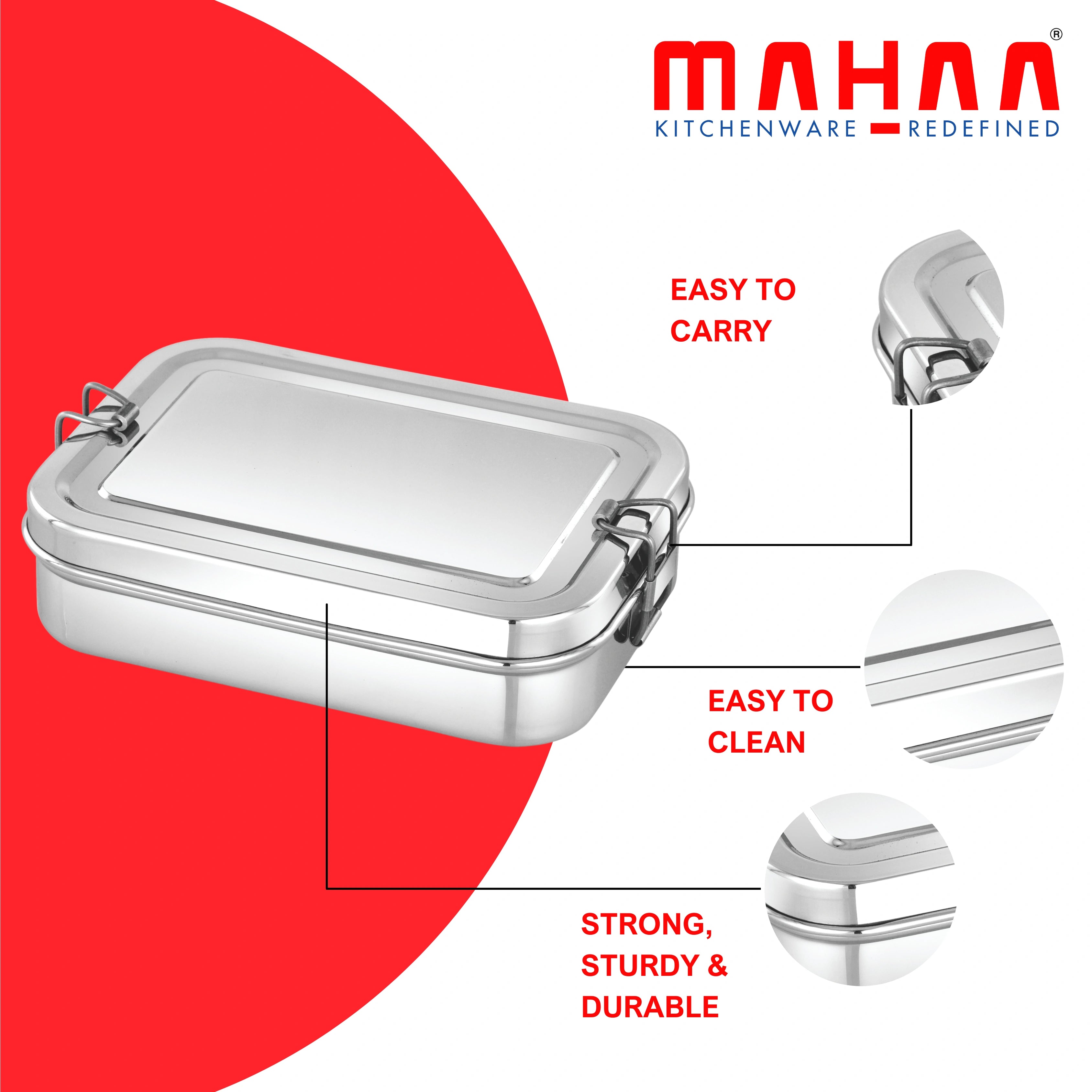 MAHAA Stainless Steel Lexa Lunch Box – Rectangular Design with Large Inner Container | Durable, Leak-Resistant, Ideal for Office & School Meals