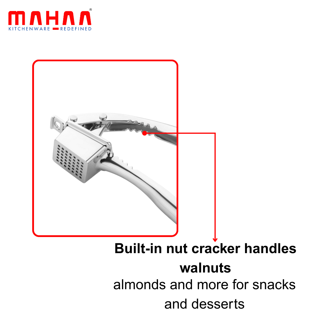 Mahaa 4-in-1 Garlic Crusher & Nut Cracker – Hand Press Garlic Presser & Mincer, Herb Plucking Tool for Curry Leaves, Coriander & Mint, Bottle Opener Kitchen Tool