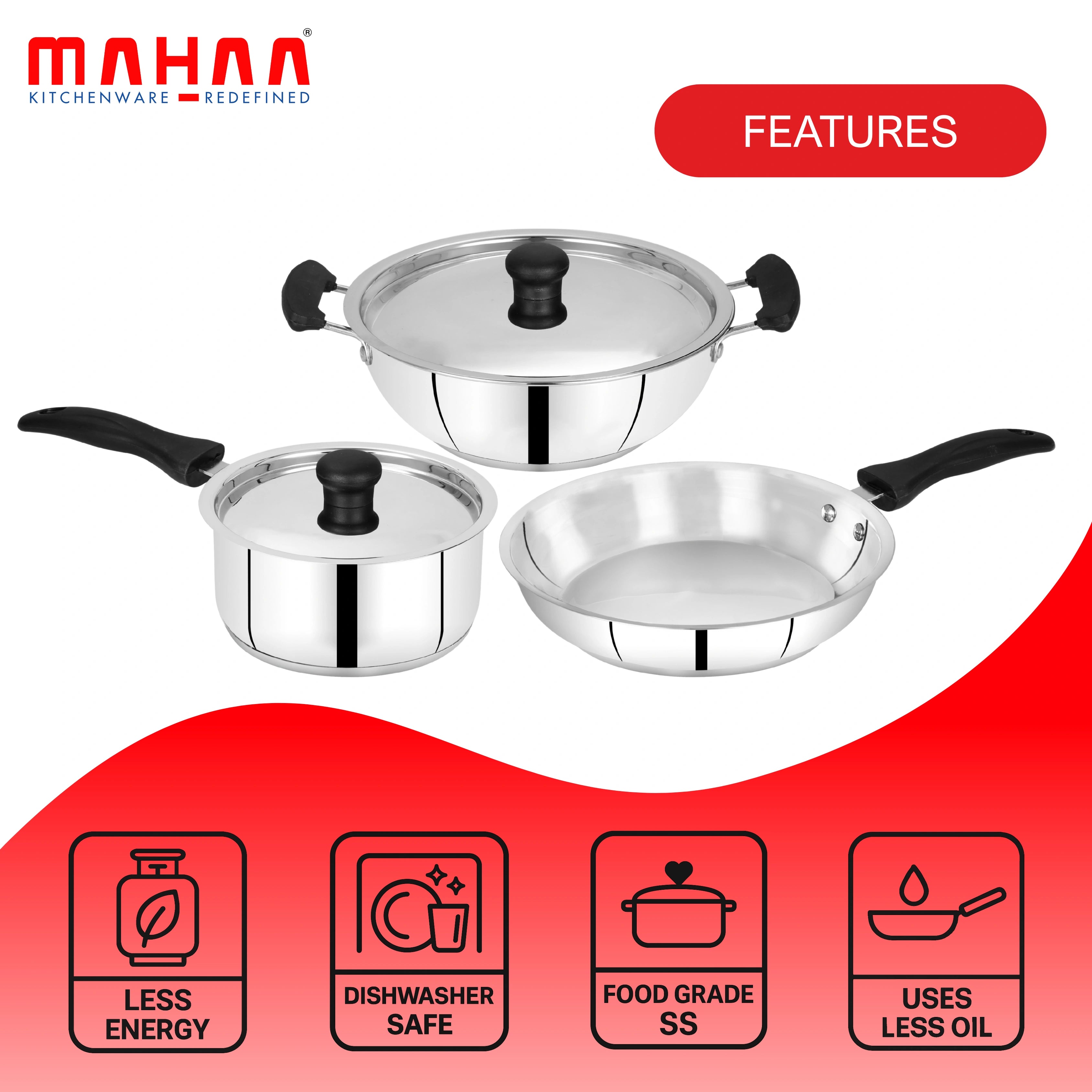 MAHAA Zen Stainless Steel Cookware Combo 5 Pc Set: Kadai  + Lid, Tea/Milk Pan + Lid, Fry Pan | Tri Ply Base | Non-stick | Gas & Induction Compatible | StayCool+ Handle and Knob| Gift Set