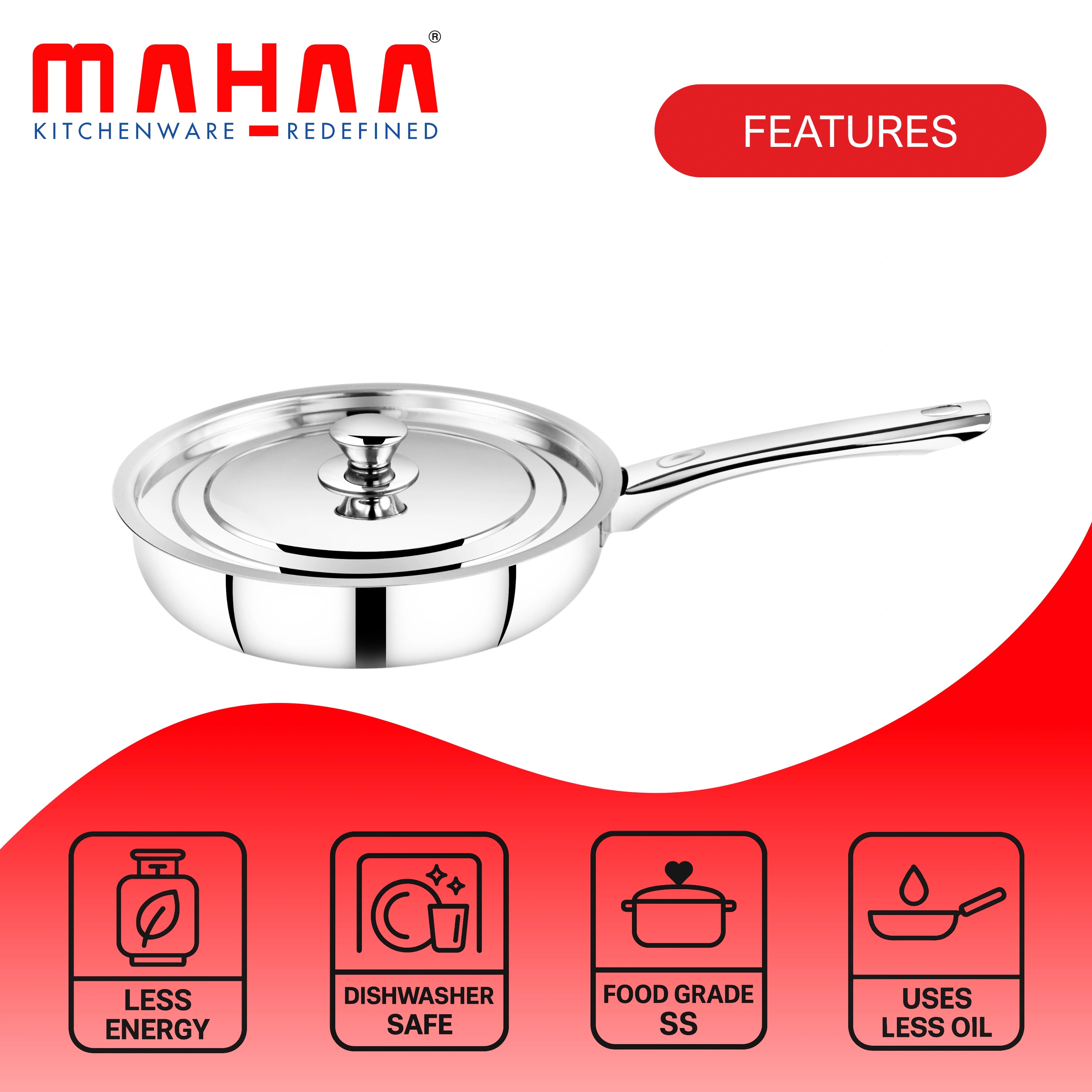 MAHAA Classic Stainless Steel Fry Pan + Lid | Cook & Saute Curries, Dal, Pasta | Gas & Induction Compatible | Cool Touch Handle and Knob | 20CM / 22CM