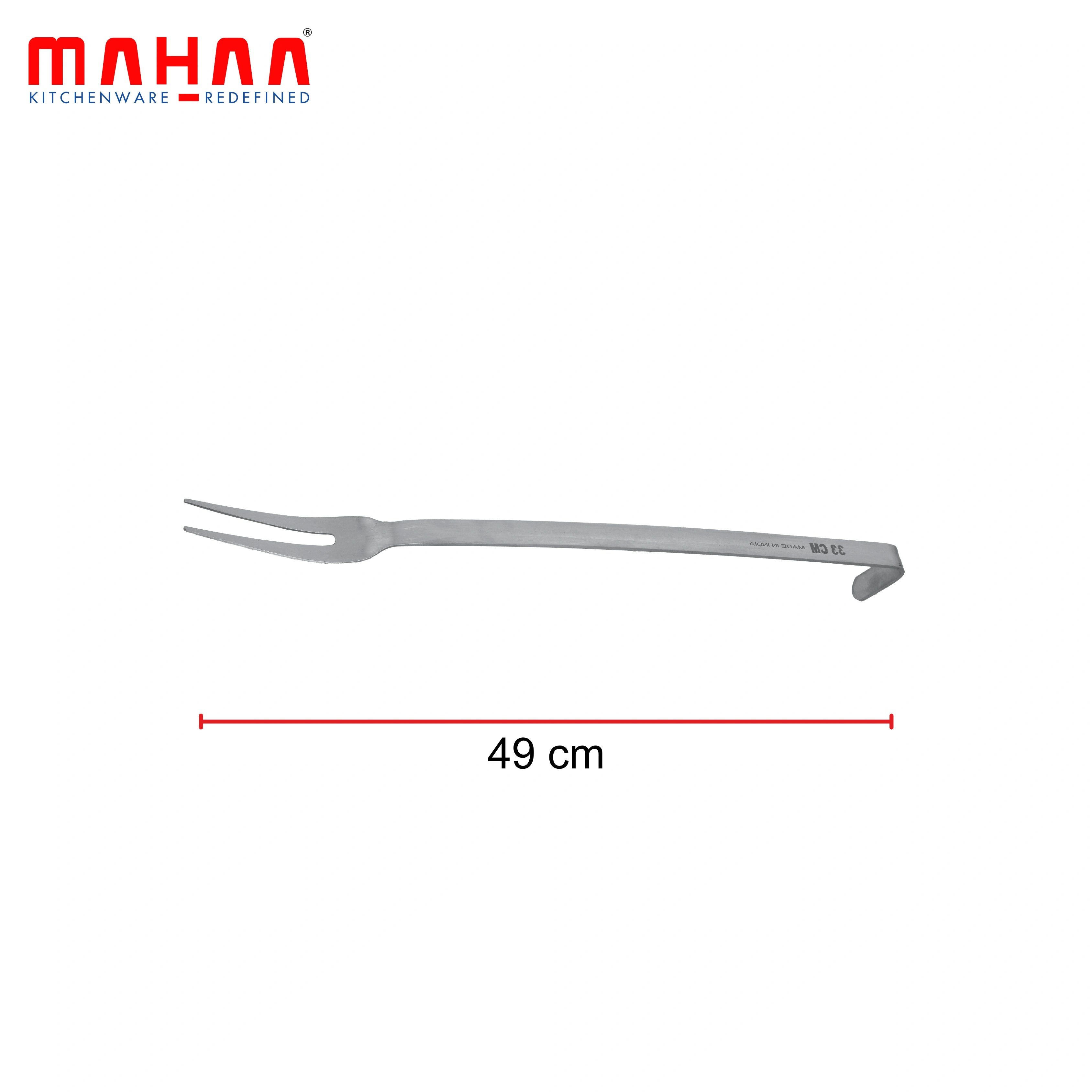 MAHAA Stainless Steel Basting Fork – Stainless Steel Two-Tine Fork | Matt Finish | Hanging Hook | Ideal for Meat, Tandoori, Barbeque | 32/38/53 CM