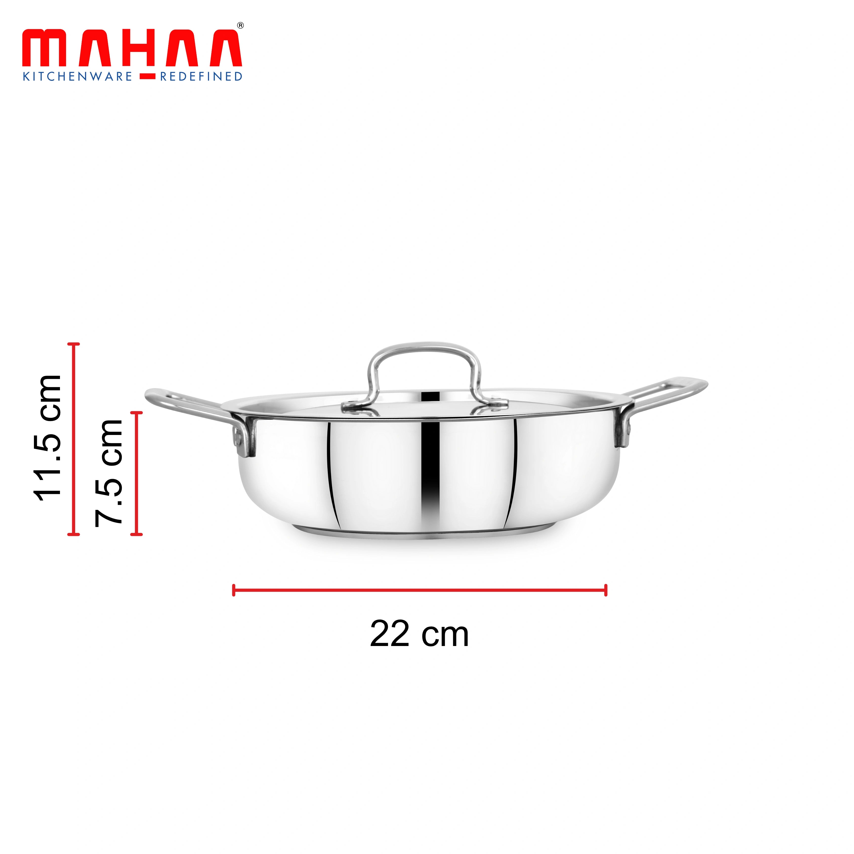 MAHAA Avanti Stainless Steel Kadai – Premium Quality with Snug-Fit Lid | Tri Ply Base | Non-stick | Gas & Induction Compatible | Cool-Touch Handle | 1.2L to 4.7L | Free ₹300 SS Water Bottle
