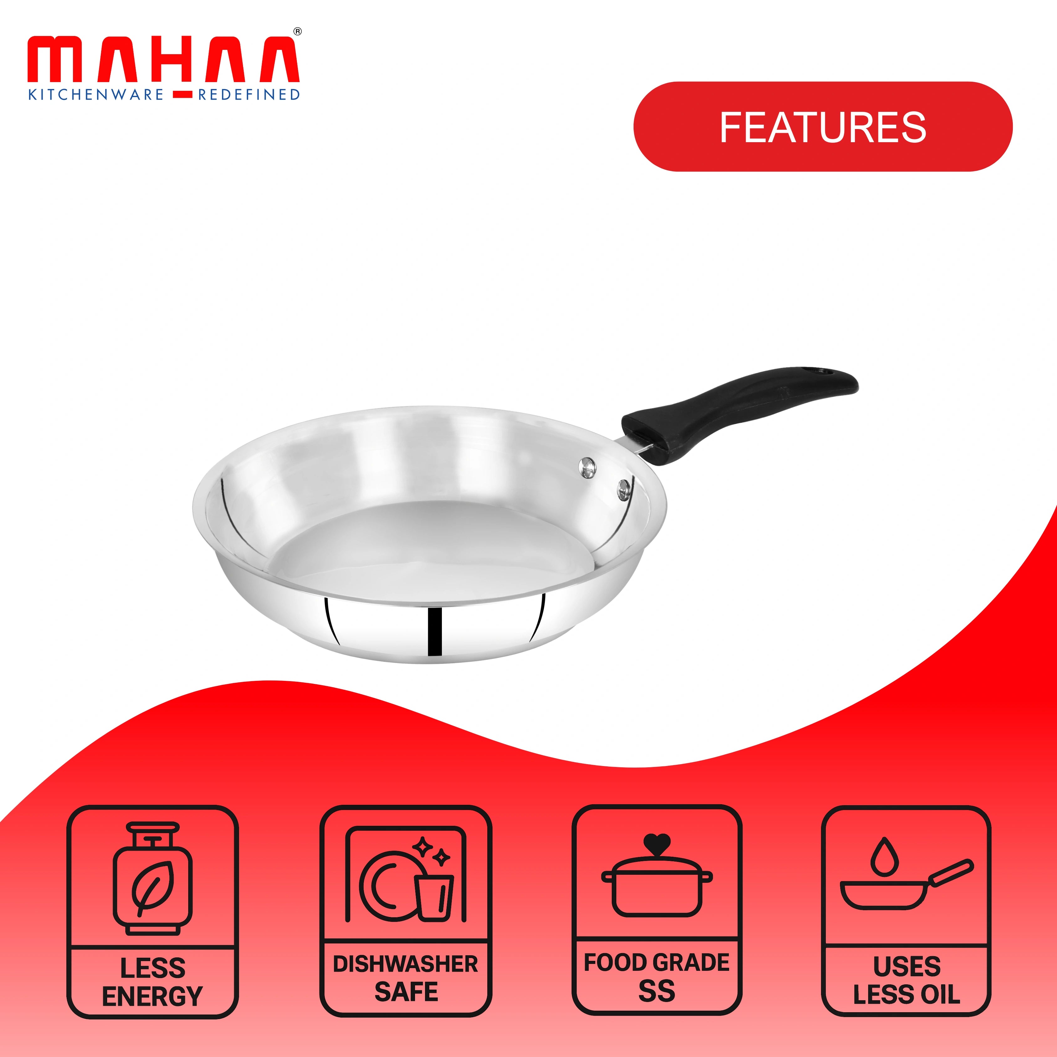 MAHAA Zen Stainless Steel Fry Pan + Lid 22 cm - Cook & Saute Curries, Dal, Pasta | Tri Ply Base | Non-stick | Gas & Induction Compatible | StayCool+ Handle and Knob| Easy Clean
