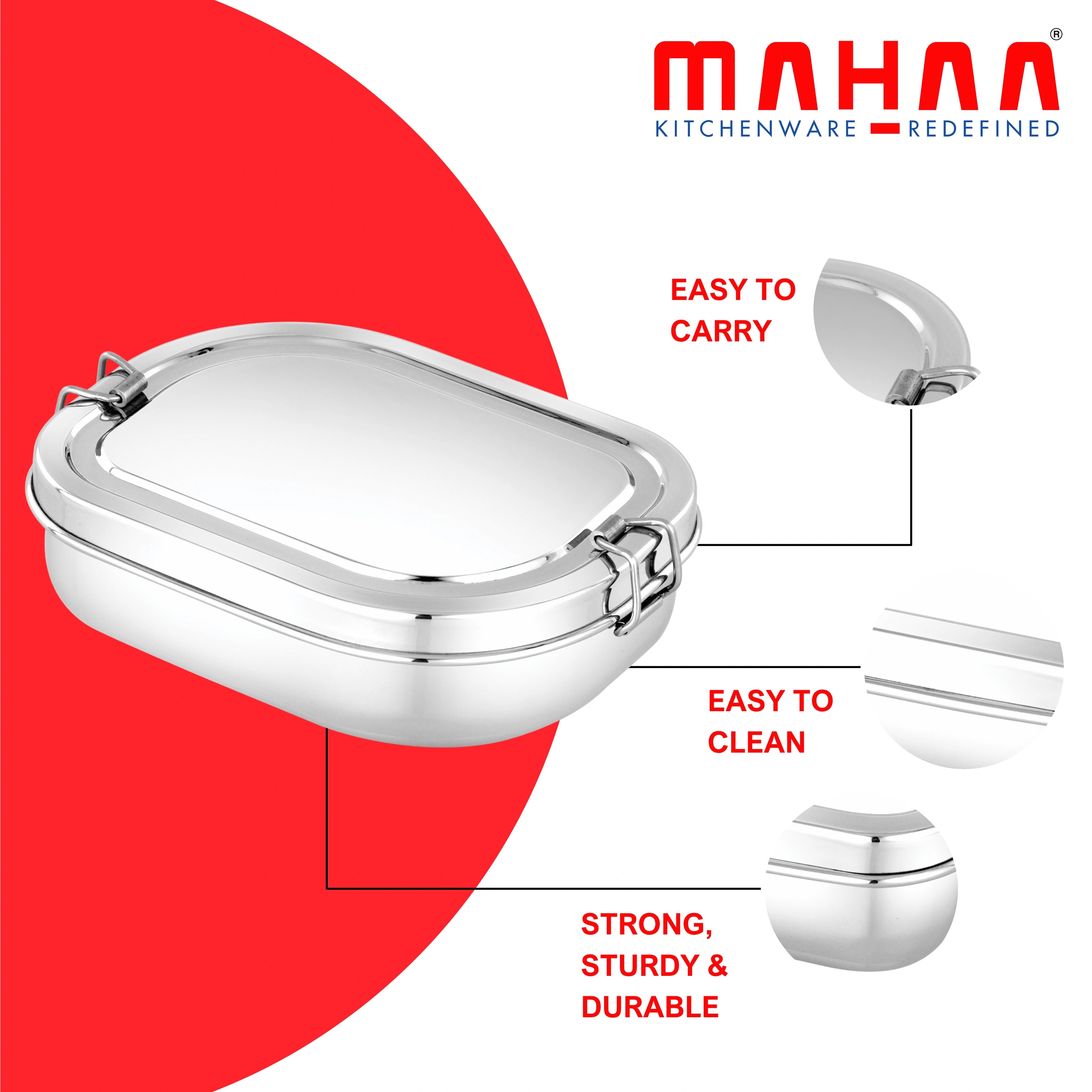 MAHAA Stainless Steel Tango Lunch Box – Leak-Proof & Insulated | With Inner Container | Ideal for Office, School & Travel | Easy to Carry