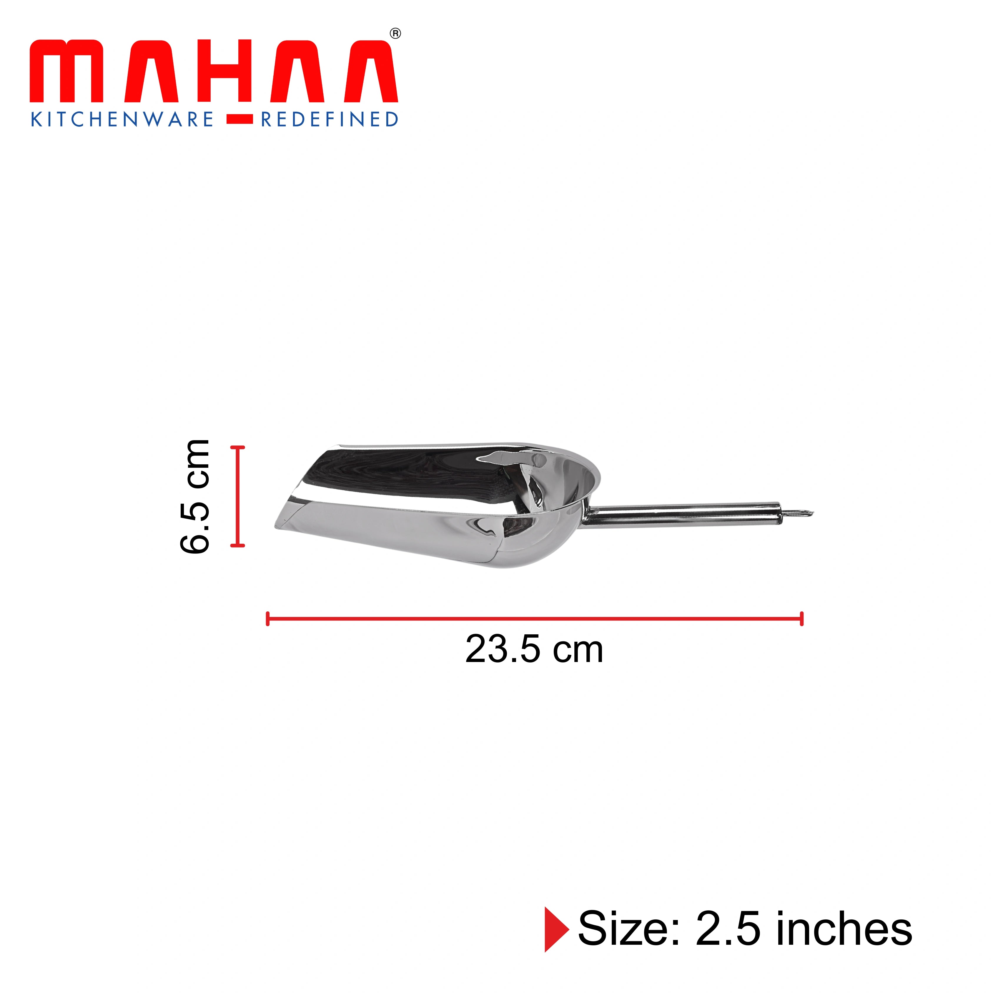 MAHAA Stainless Steel Scoop – Multipurpose Shovel Design | Rust-Free | Durable | Ideal for Rice, Flour, Pulses, Grains | Hotel & Home Use | 2/2.5/3/3.5/4/4.5/5.5 inches