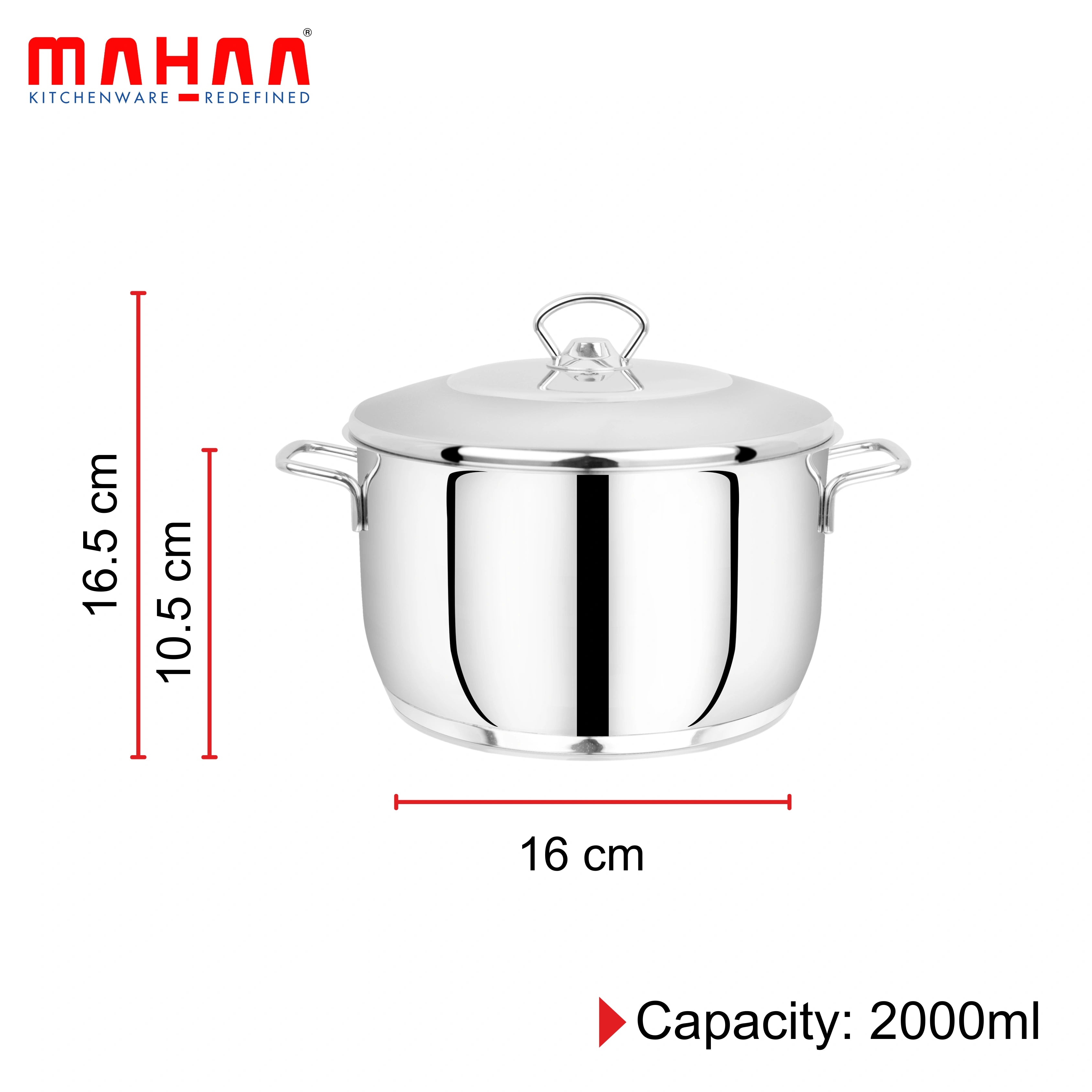 MAHAA Avanti Stainless Steel Cooking / Biryani Pot – Premium Quality with Snug-Fit Lid | Tri Ply Base | Non-stick | Gas & Induction Compatible | Cool-Touch Handle | 1.2L to 11.6L | Free ₹300 SS Water Bottle