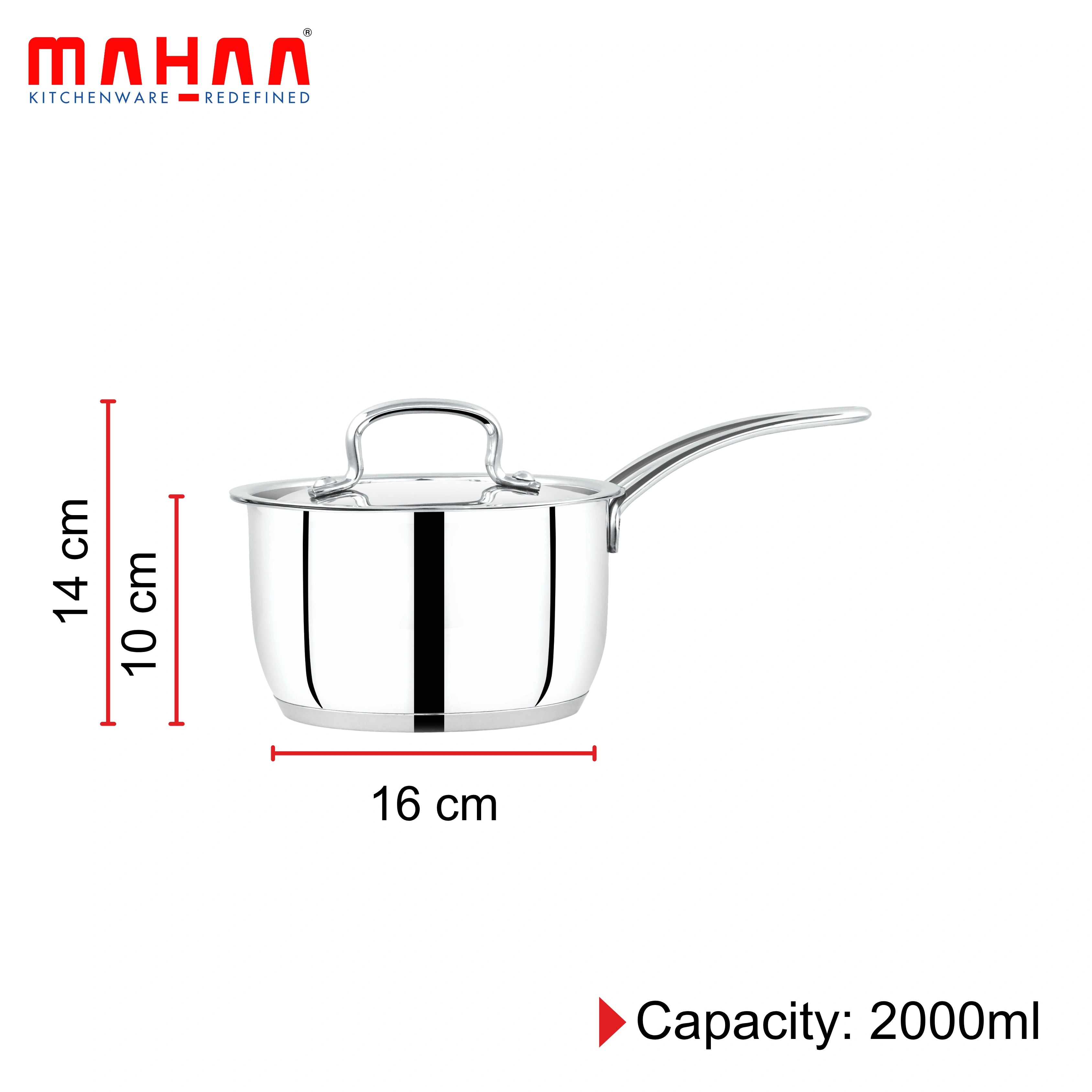 MAHAA Avanti Stainless Steel Sauce Pan – Premium Quality with Snug-Fit Lid | Tri Ply Base | Non-stick | Gas & Induction Compatible | Cool-Touch Handle | 1.2L to 3.6L | Free ₹300 SS Water Bottle