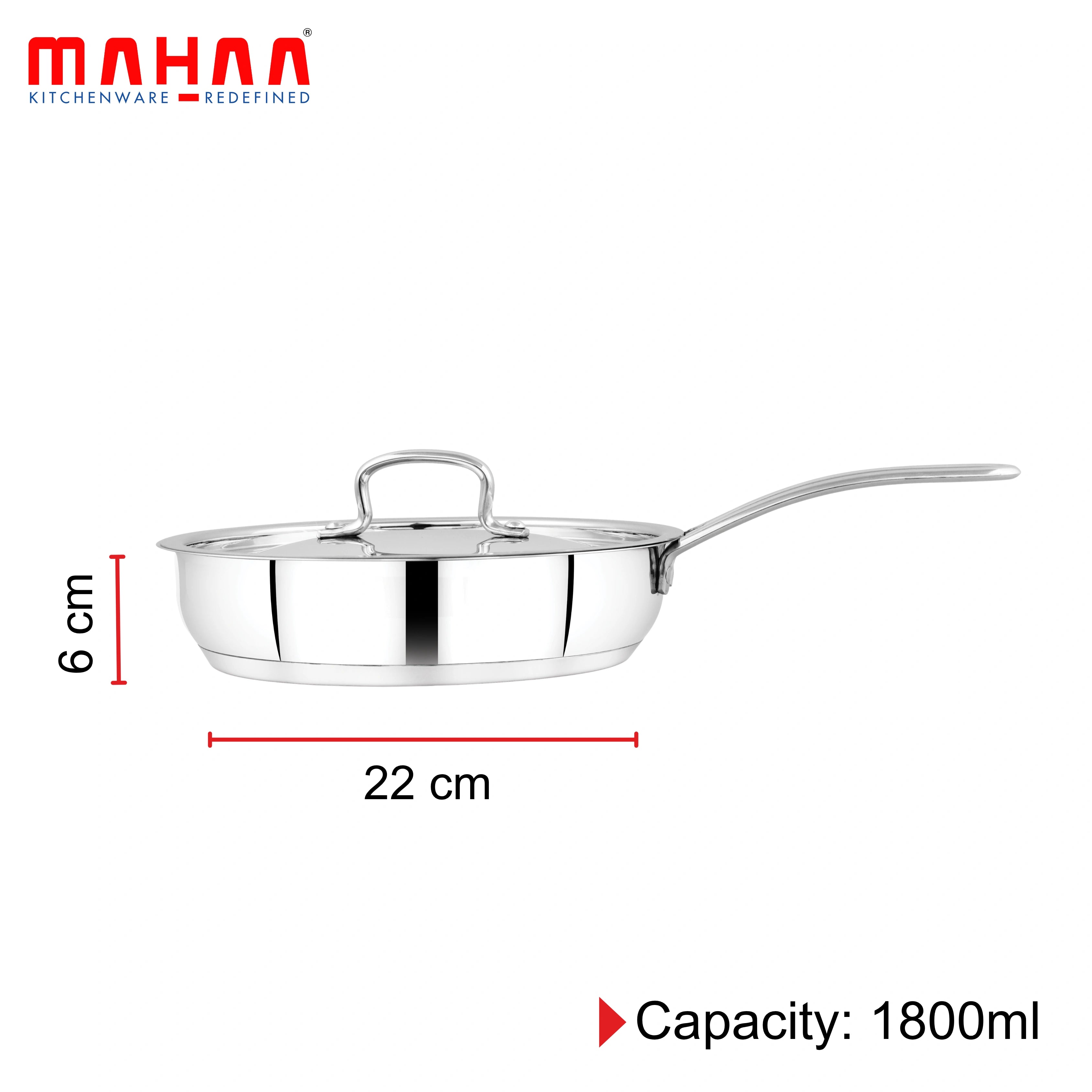 MAHAA Avanti Stainless Steel Fry Pan – Premium Quality with Snug-Fit Lid | Tri Ply Base | Non-stick | Gas & Induction Compatible | Cool-Touch Handle | 1.2L to 2L | Free ₹300 SS Water Bottle