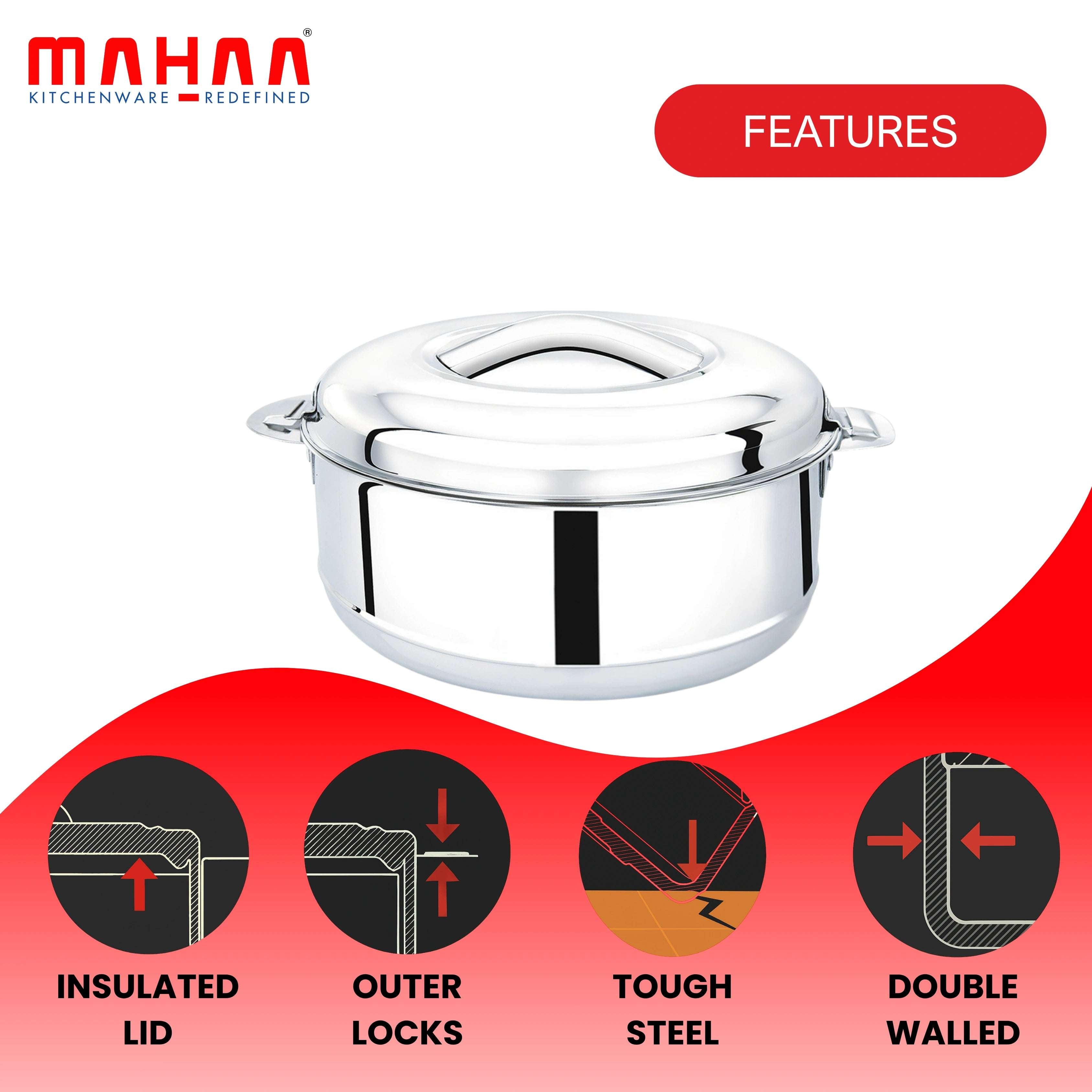 Iris Stainless Steel Casserole | Double-Wall Insulated Hot Box with Lock Lid | Food Warmer for Rice, Curries, Rotis