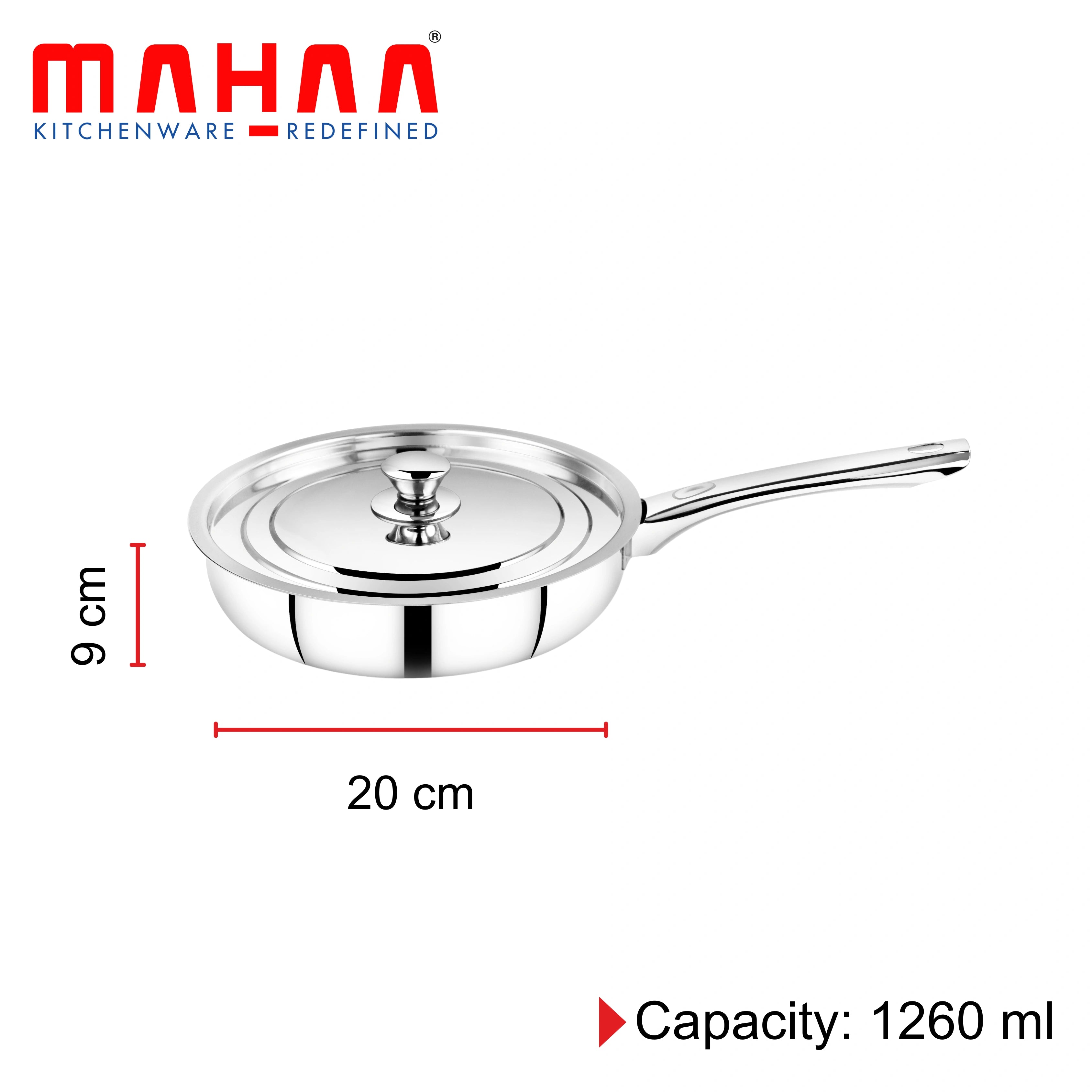 MAHAA Classic Stainless Steel Fry Pan + Lid | Cook & Saute Curries, Dal, Pasta | Gas & Induction Compatible | Cool Touch Handle and Knob | 20CM / 22CM